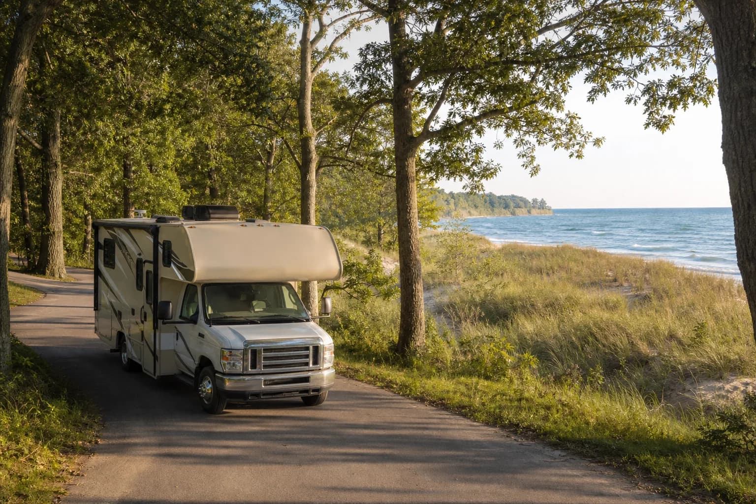Class C RV traveling beside Great Lakes dunes and woodland