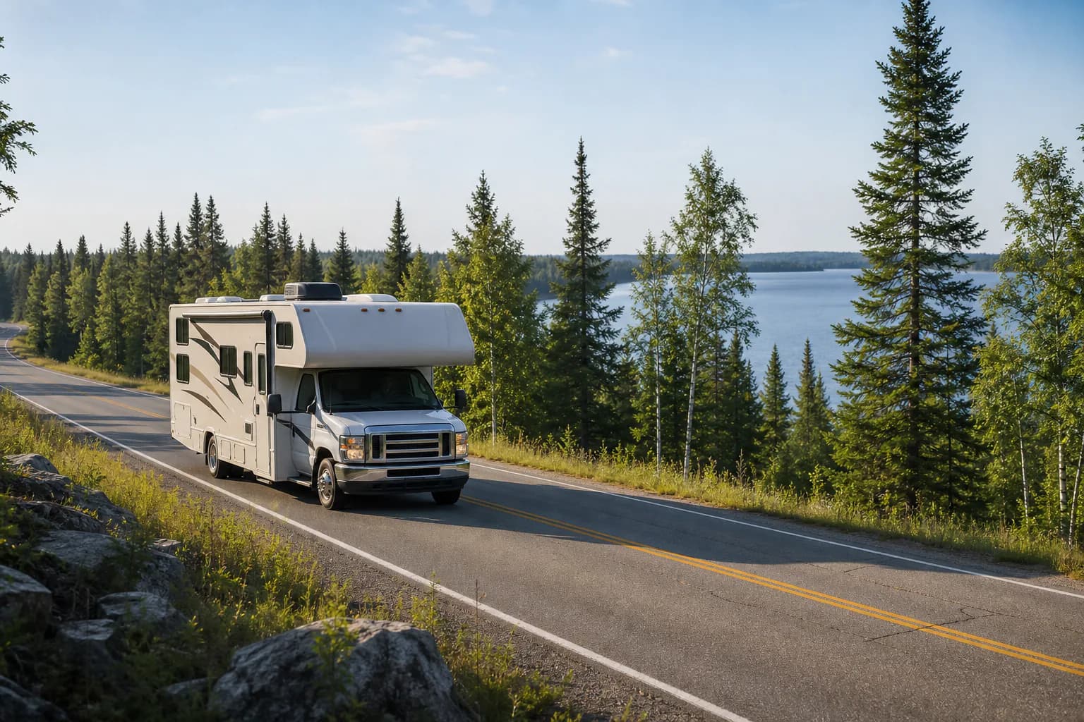 Class C RV driving beside a northern Minnesota lake on the route from Minneapolis toward Voyageurs