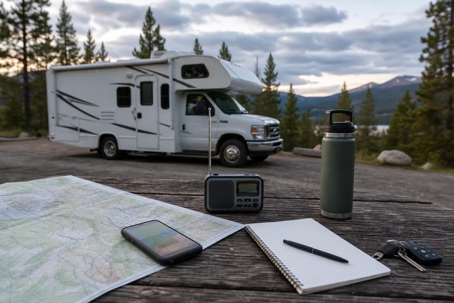 RV trip weather radio, route map, phone, and checklist prepared before departure