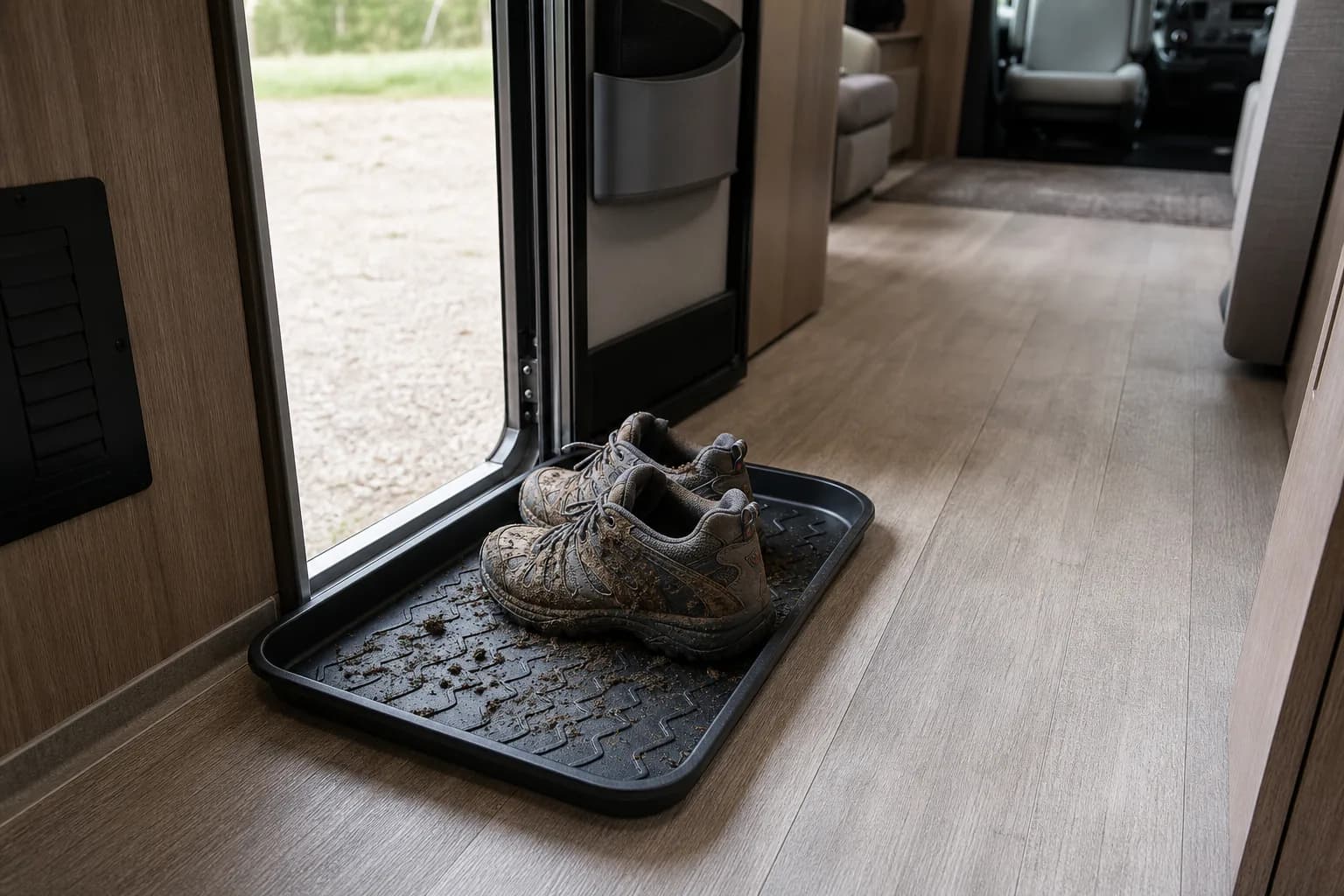 Shallow boot tray at the entryway of an RV rental