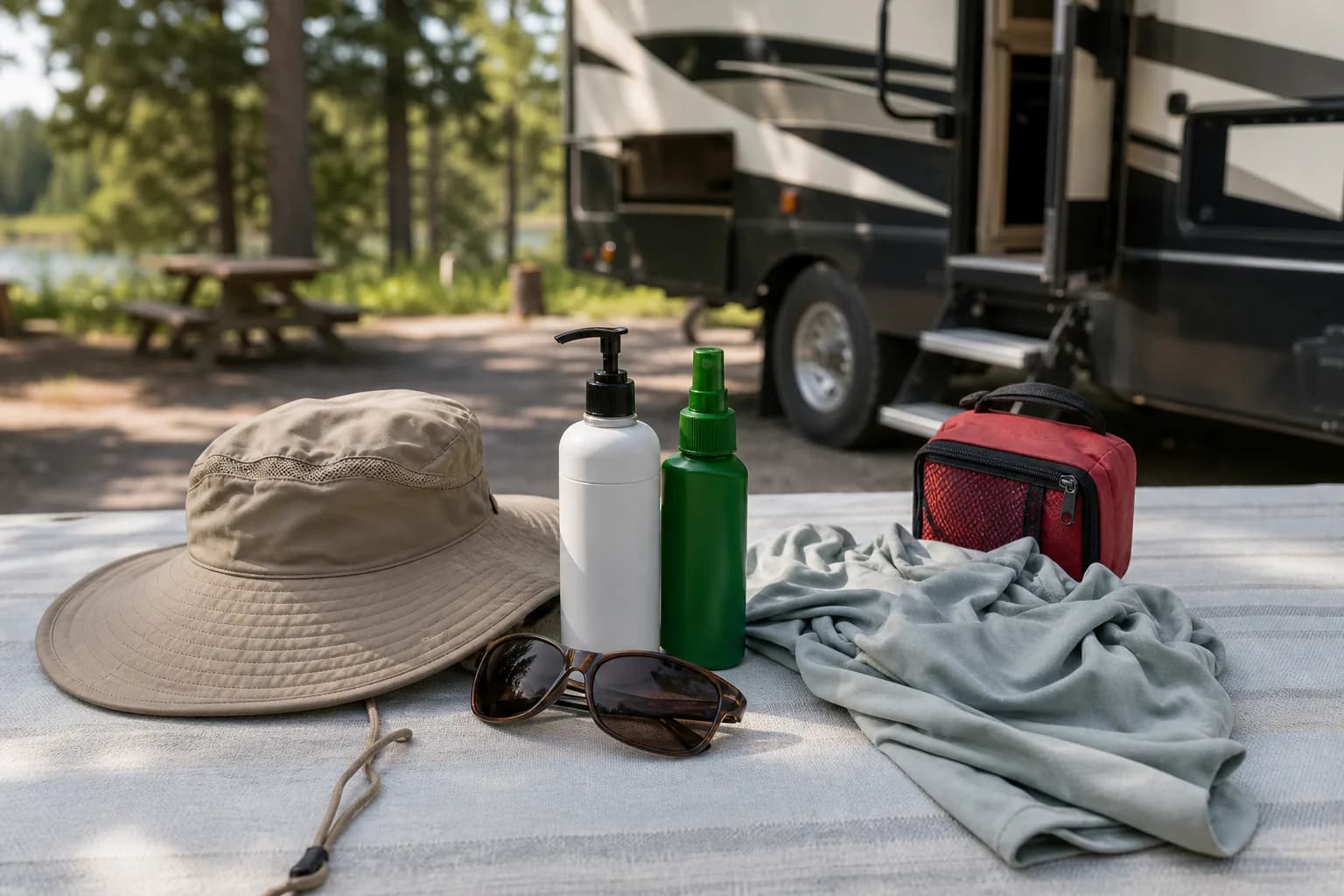 Bug and sun protection kit packed for an RV campground trip