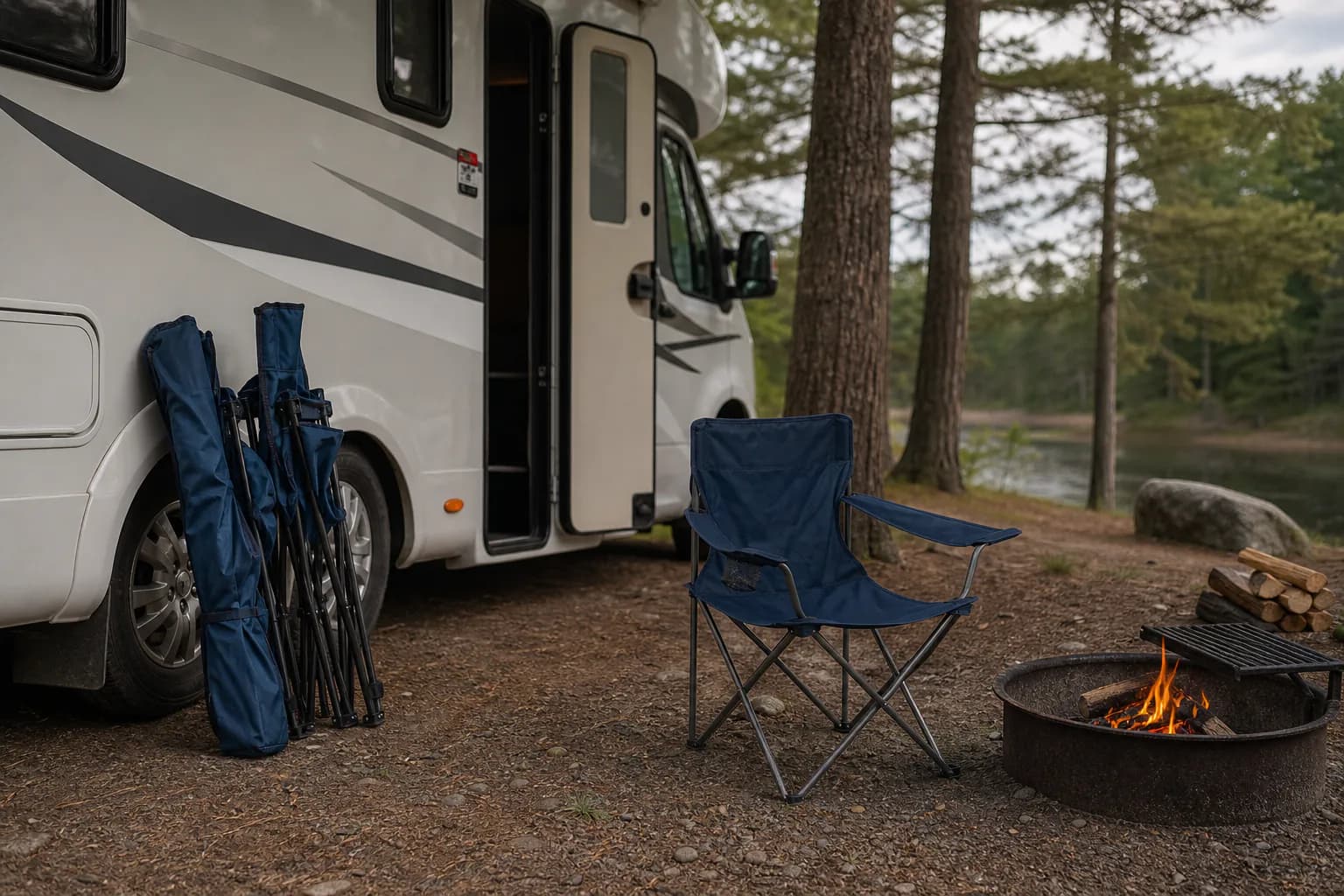 Folded camp chairs beside an RV rental at a campground