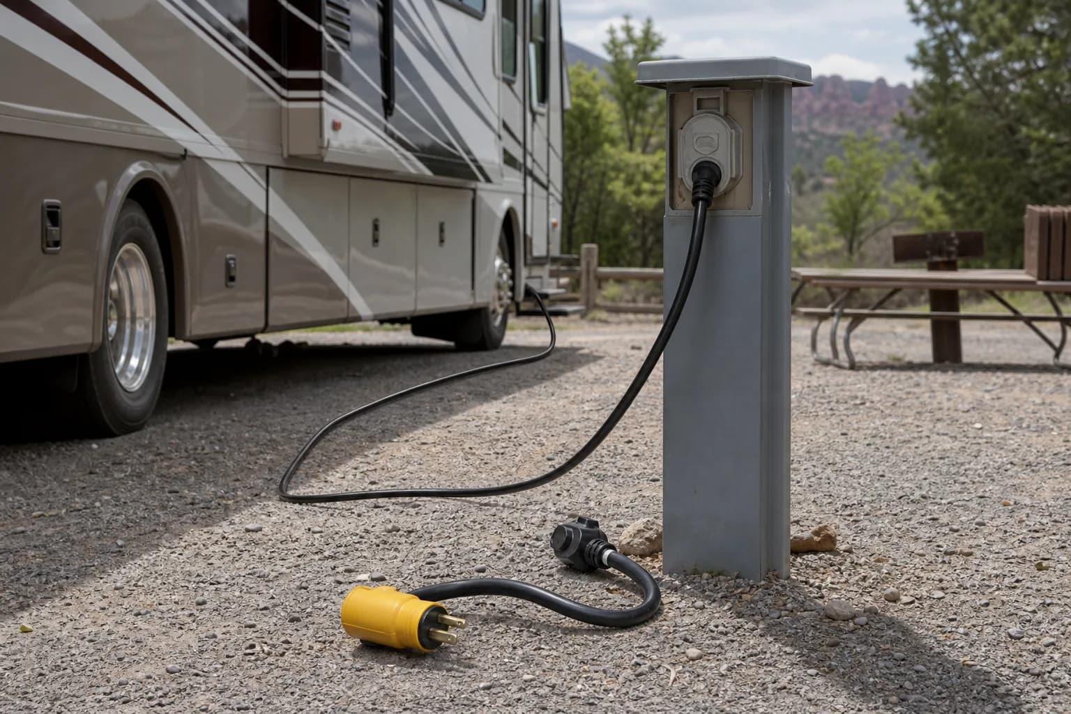 RV electrical adapter and power cord near a campground pedestal