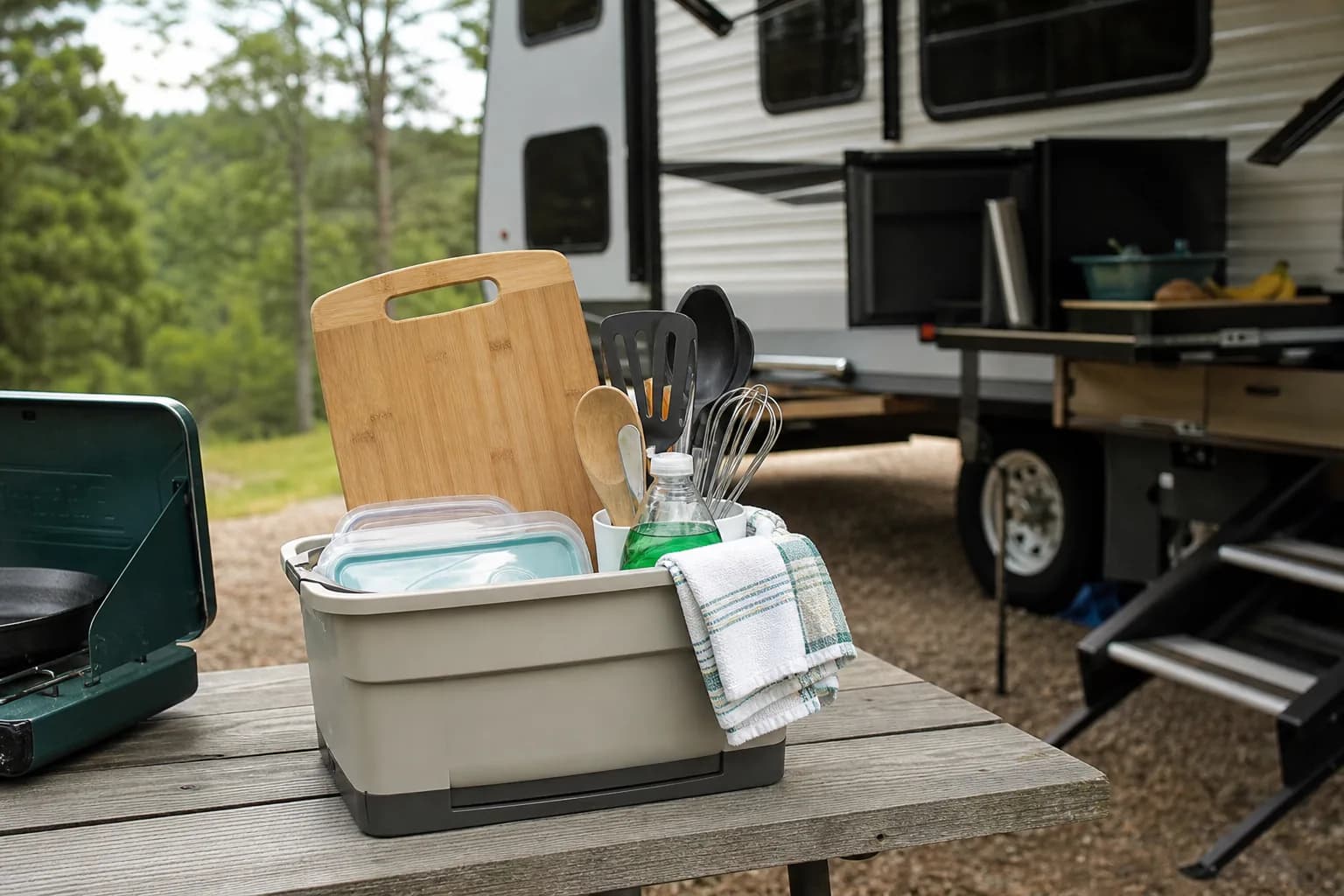 Small campsite kitchen bin packed for an RV rental picnic table