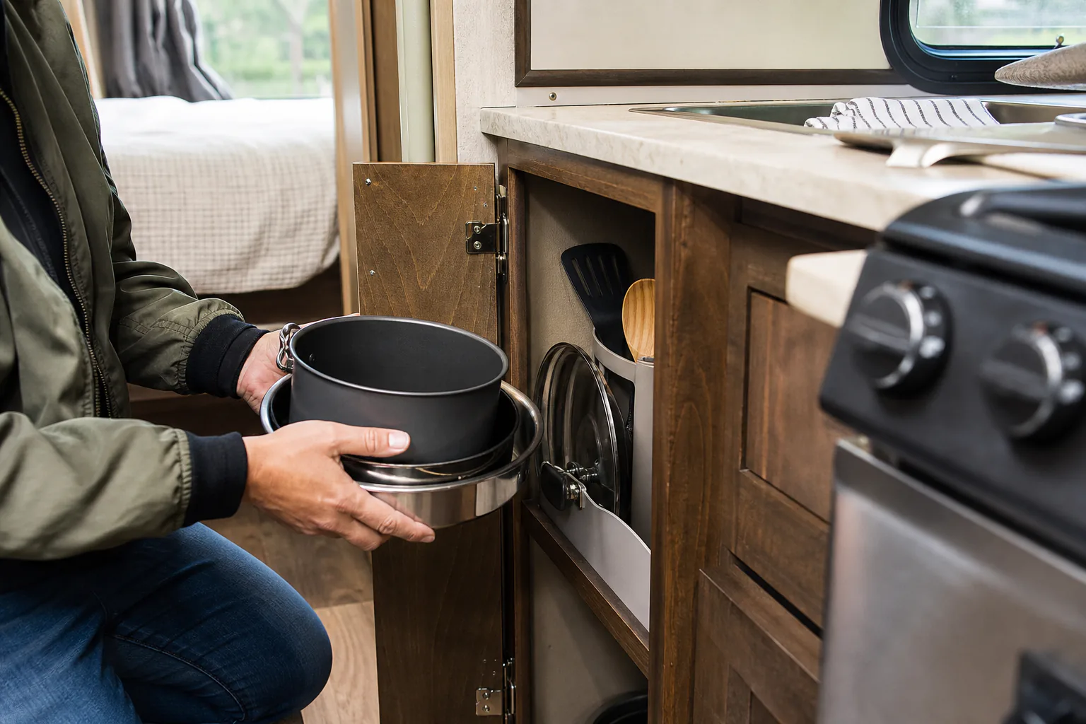 Nesting compact cookware packed for a small RV rental kitchen