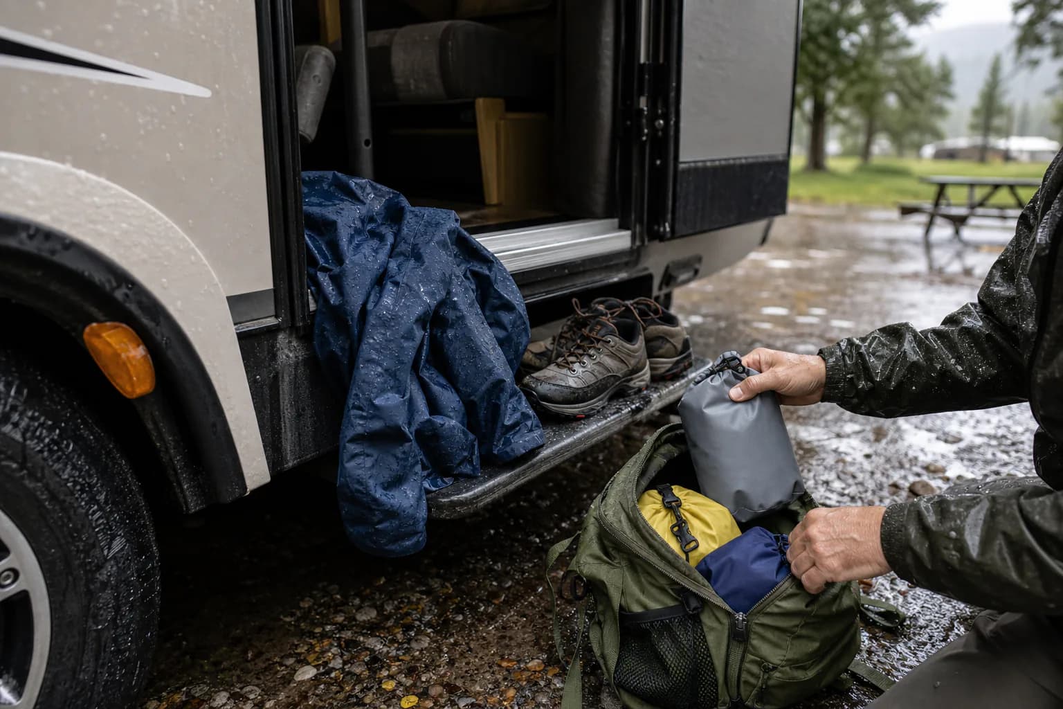 Small waterproof dry bags packed for a rainy RV trip