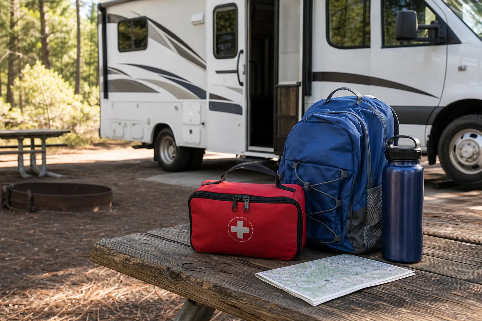 Compact first aid kit and family RV road trip day pack on a picnic table