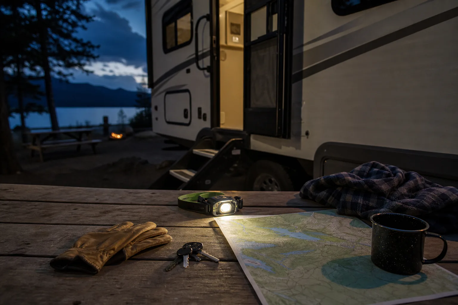 Headlamp on an RV campsite table for late arrival setup