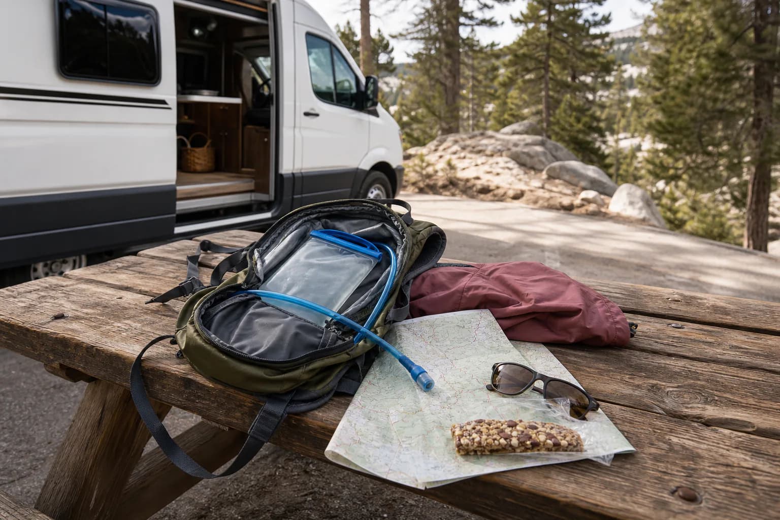 Hydration day pack prepared for a national park RV trip