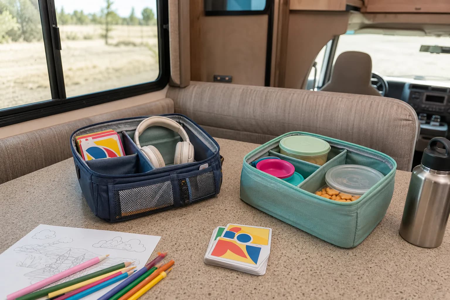 Kids RV road trip gear organized in small soft bags
