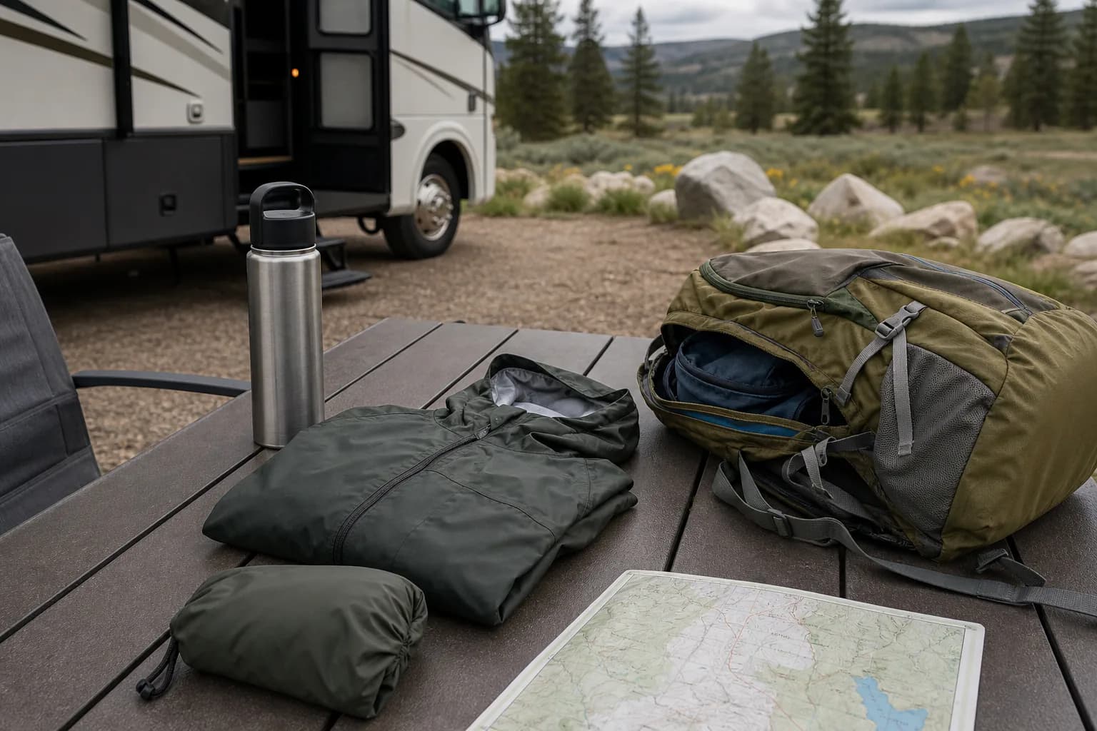 Packable rain jacket tucked into a national park RV trip day pack