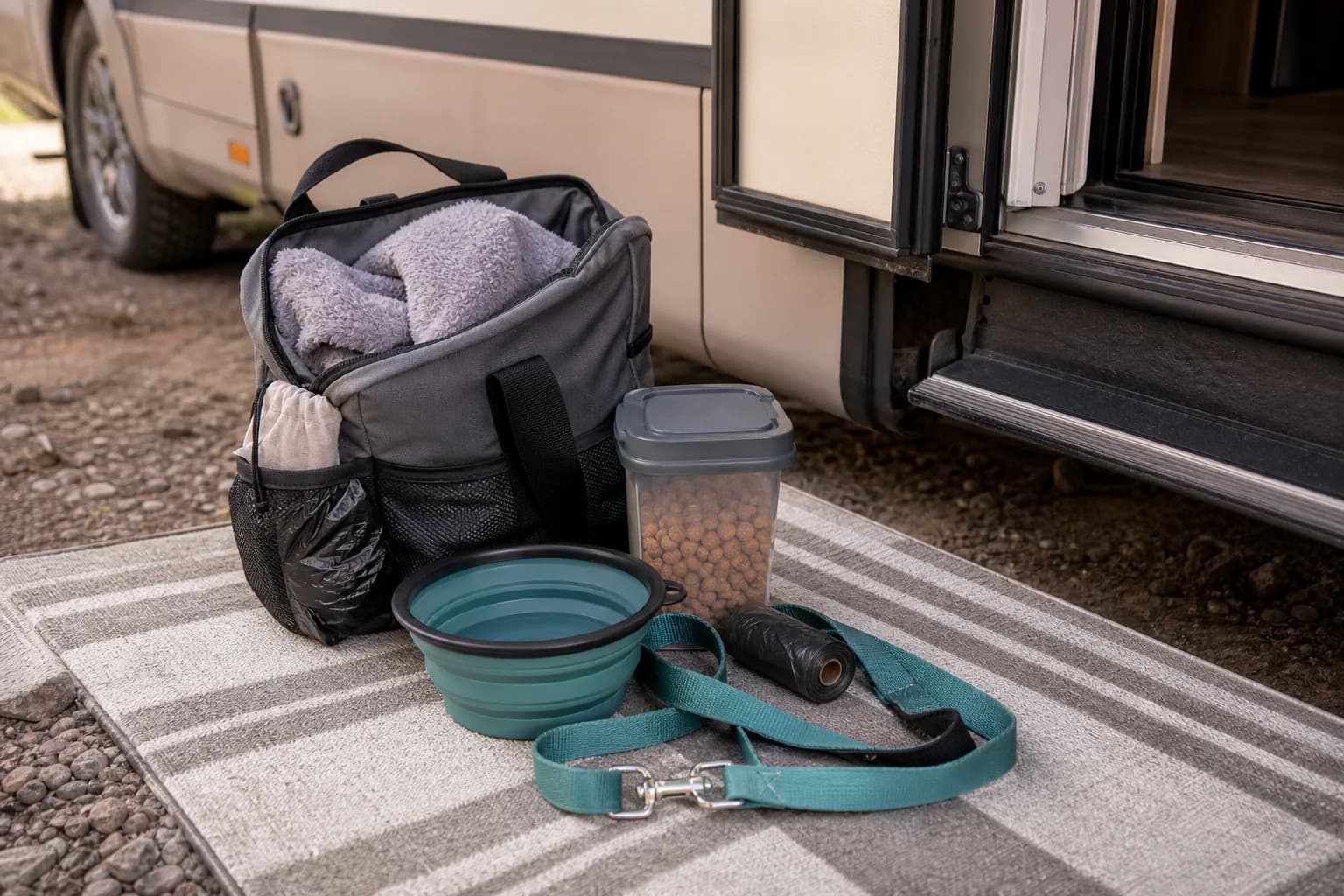 Pet travel bowl leash and towel packed for an RV rental trip