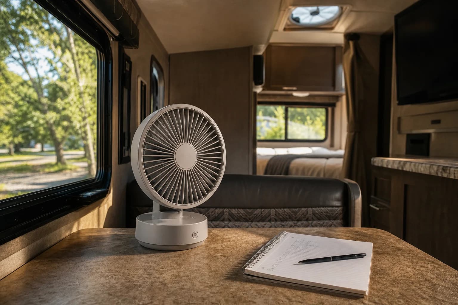 Compact portable fan on an RV dinette beside a trip-planning notebook