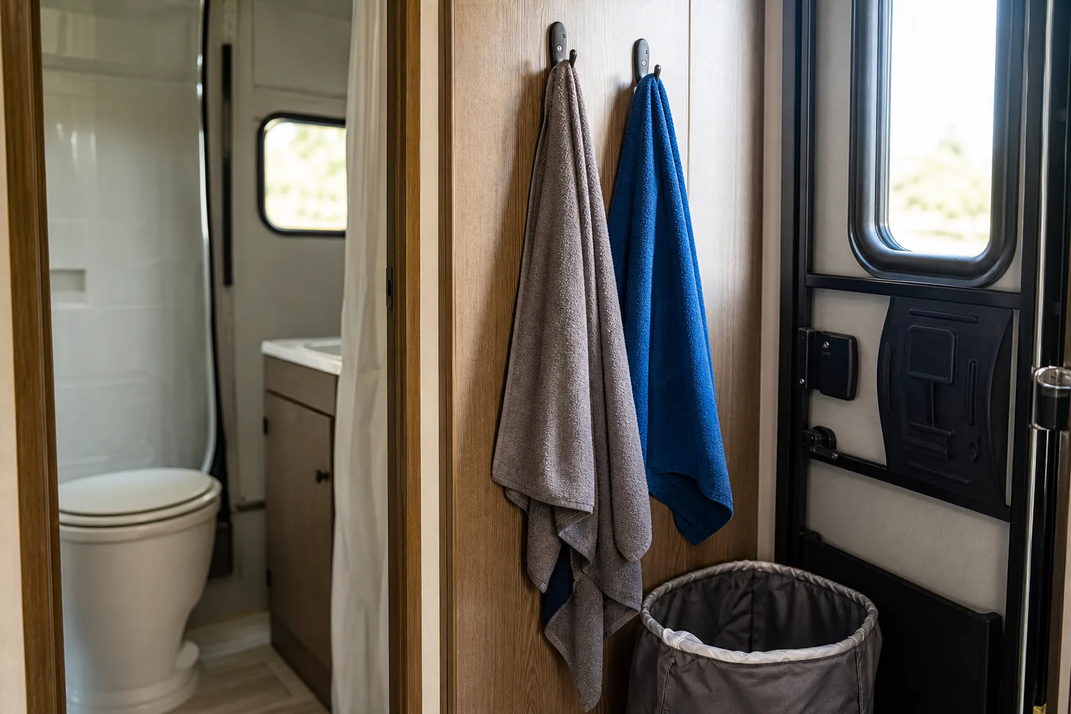 Quick dry towels hanging neatly inside an RV rental