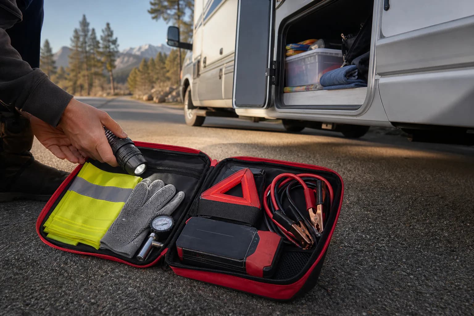 Roadside emergency kit with safety vest, gloves, flashlight, tire gauge, warning triangle, and cables beside an RV