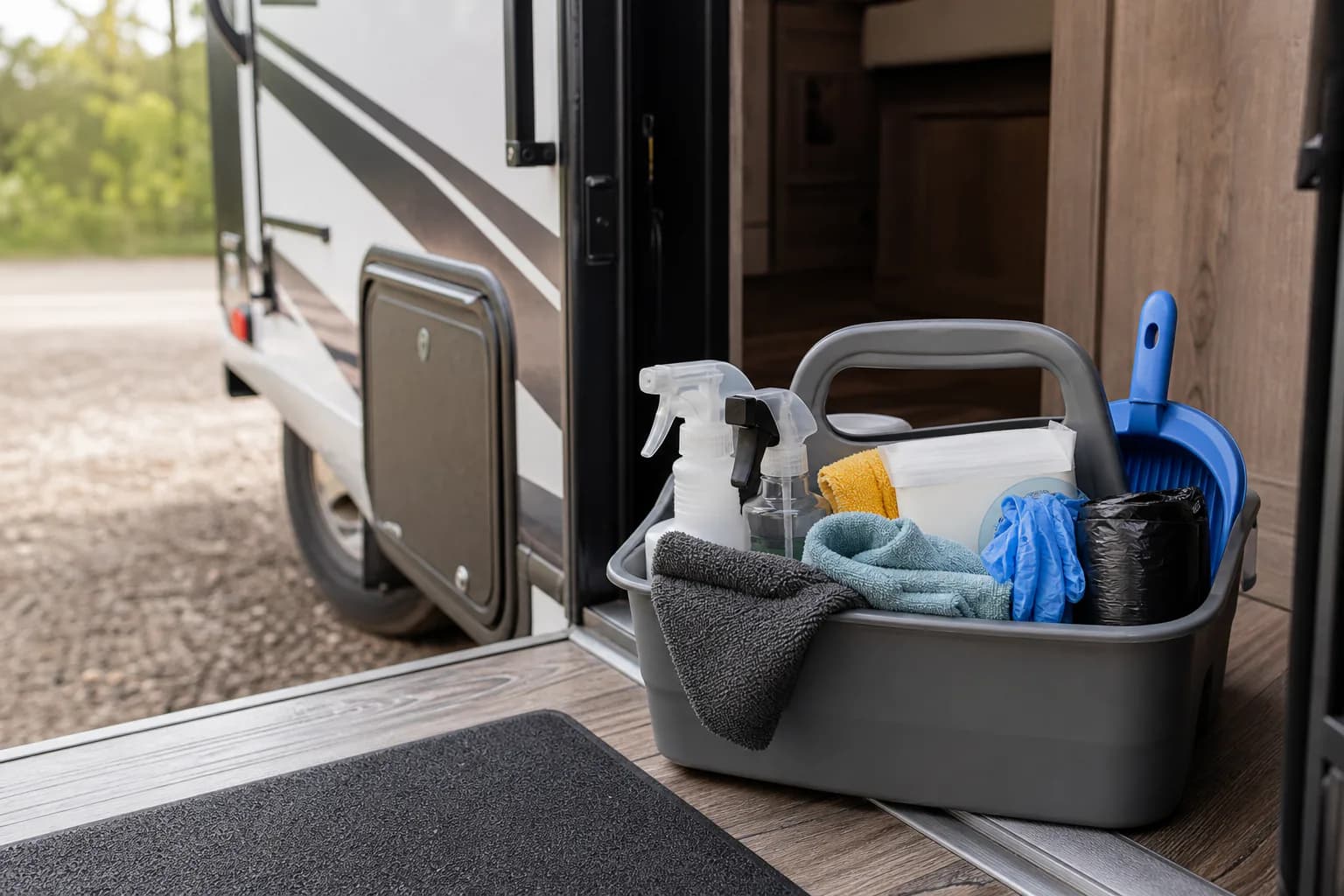 Small RV rental cleaning kit with trash bags wipes and microfiber towels