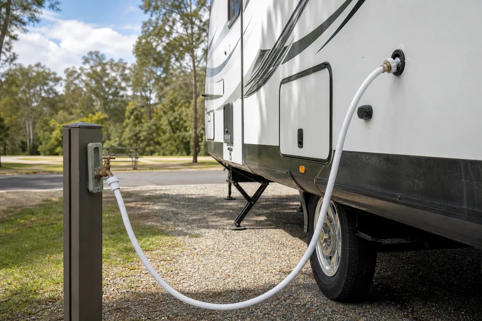 White drinking water hose connected to an RV campground water spigot
