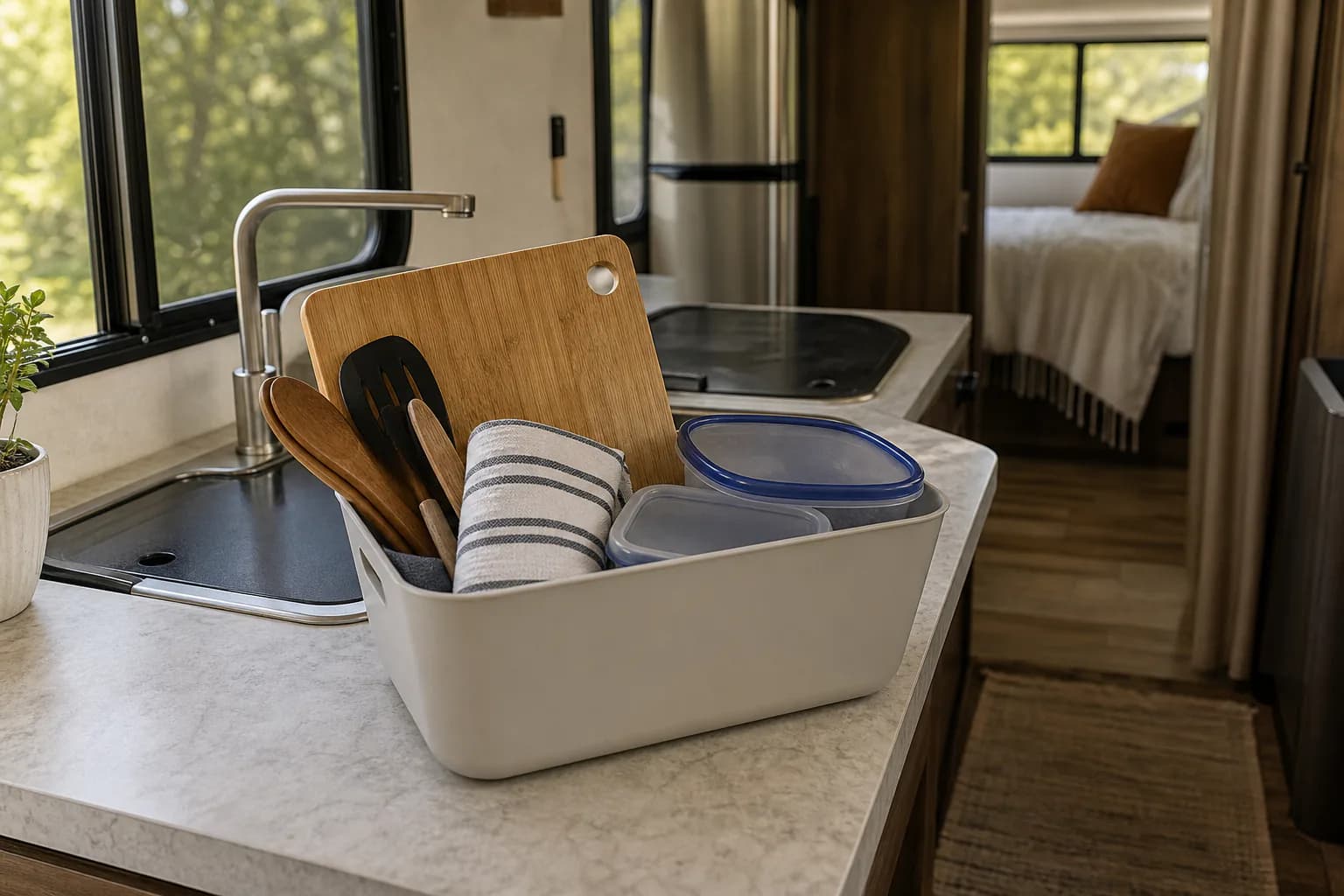 Small RV kitchen basics packed in a compact bin