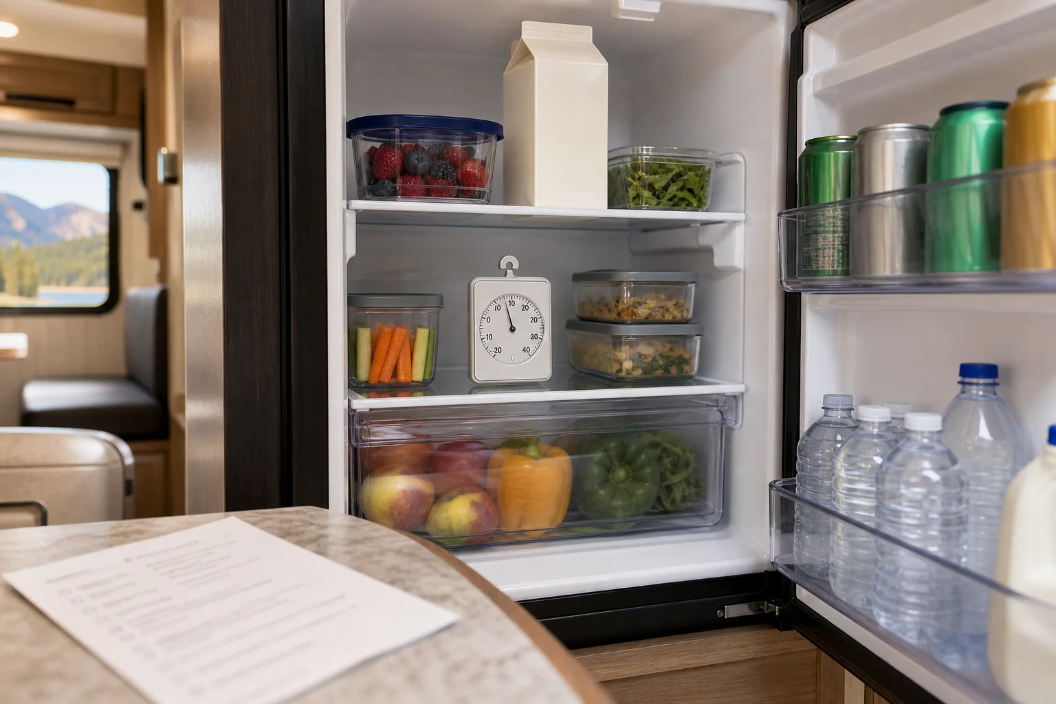 Brand-neutral appliance thermometer inside a stocked RV refrigerator