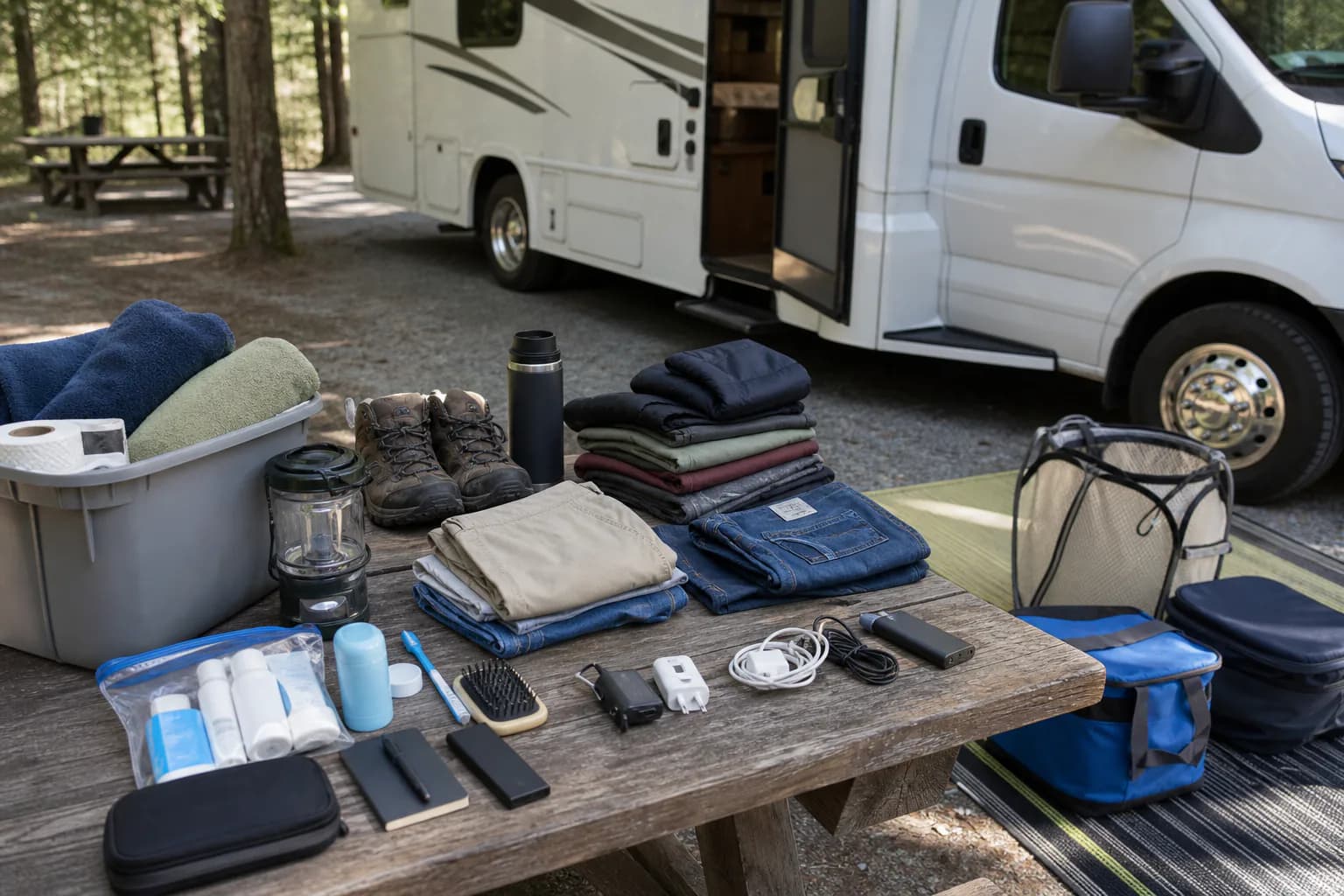 First time RV rental packing items laid out before a national park trip