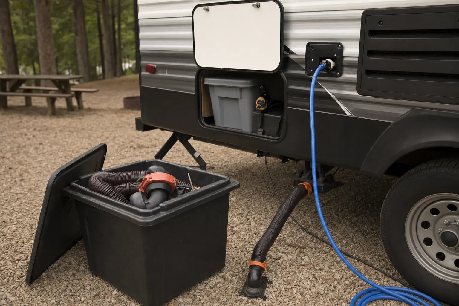 RV sewer hose kit stored in a separate campground utility bin
