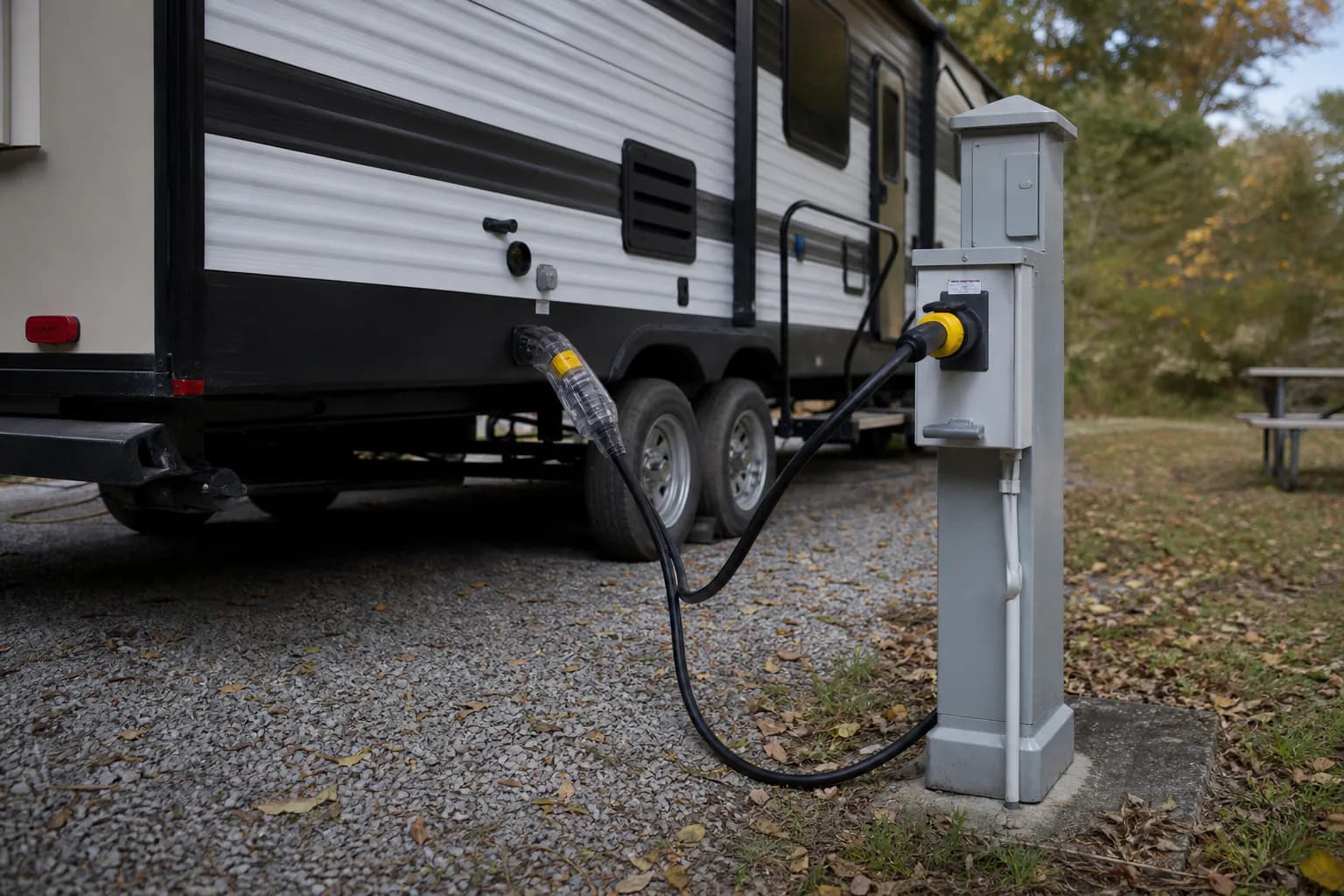 RV surge protector connected at a campground power pedestal