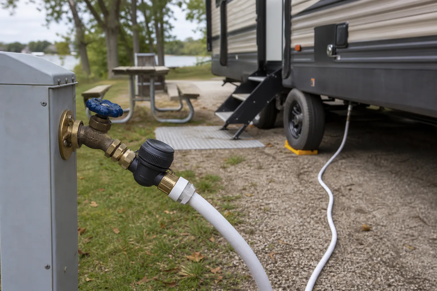 RV water pressure regulator attached to a campground fresh water hookup