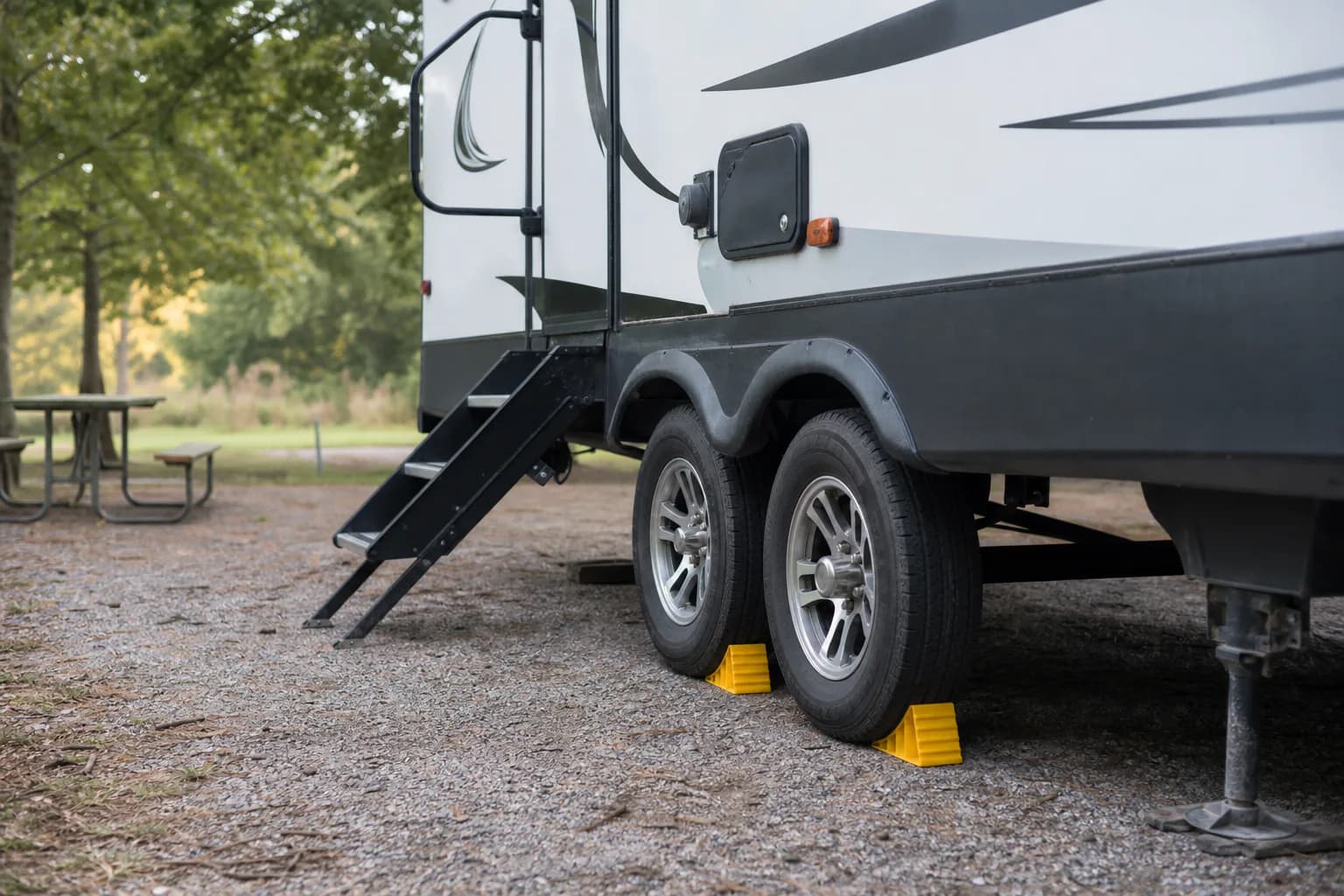Wheel chocks placed behind an RV tire on a level campsite