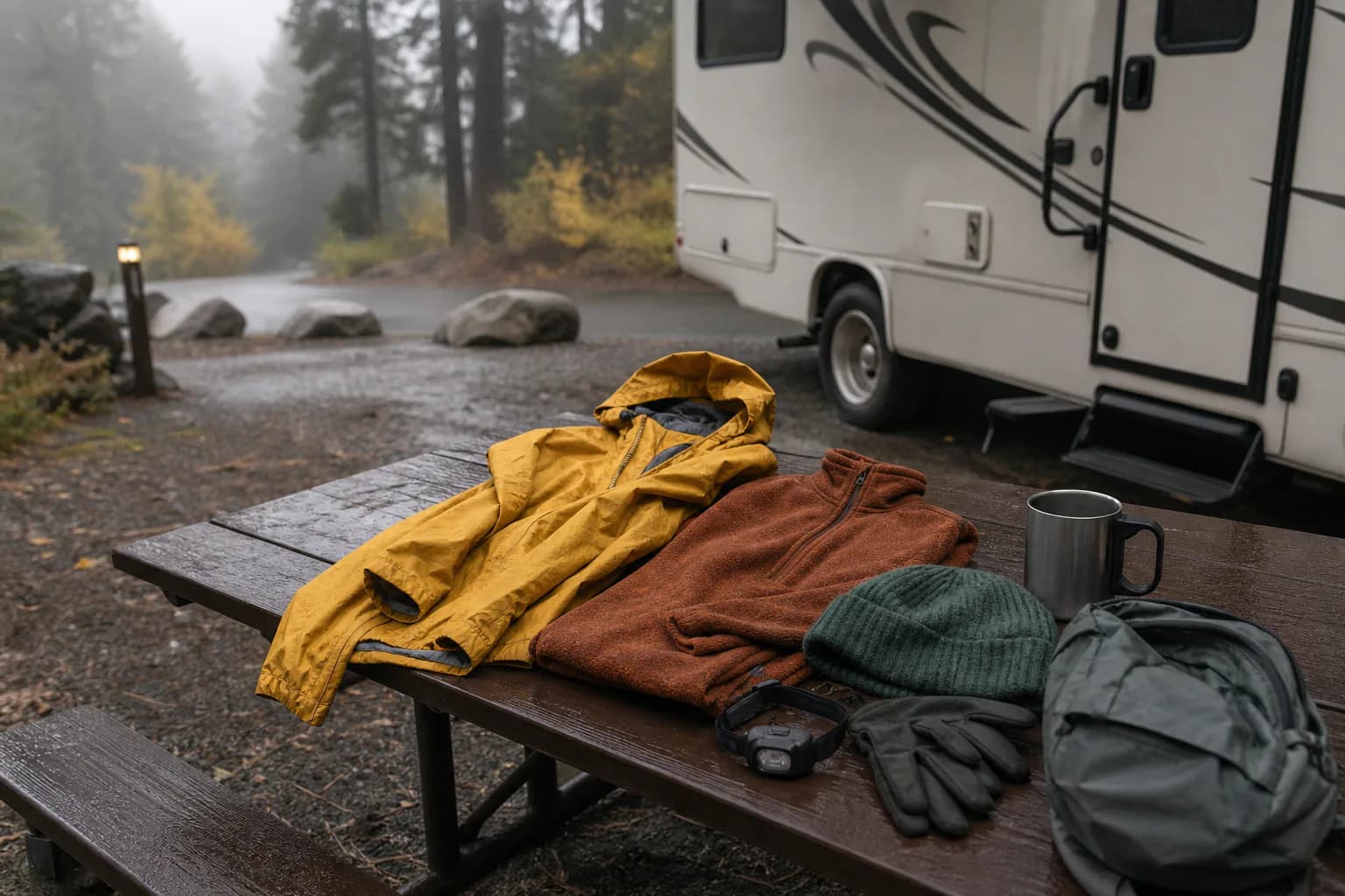 Shoulder season RV packing layers rain gear and headlamp organized on a table