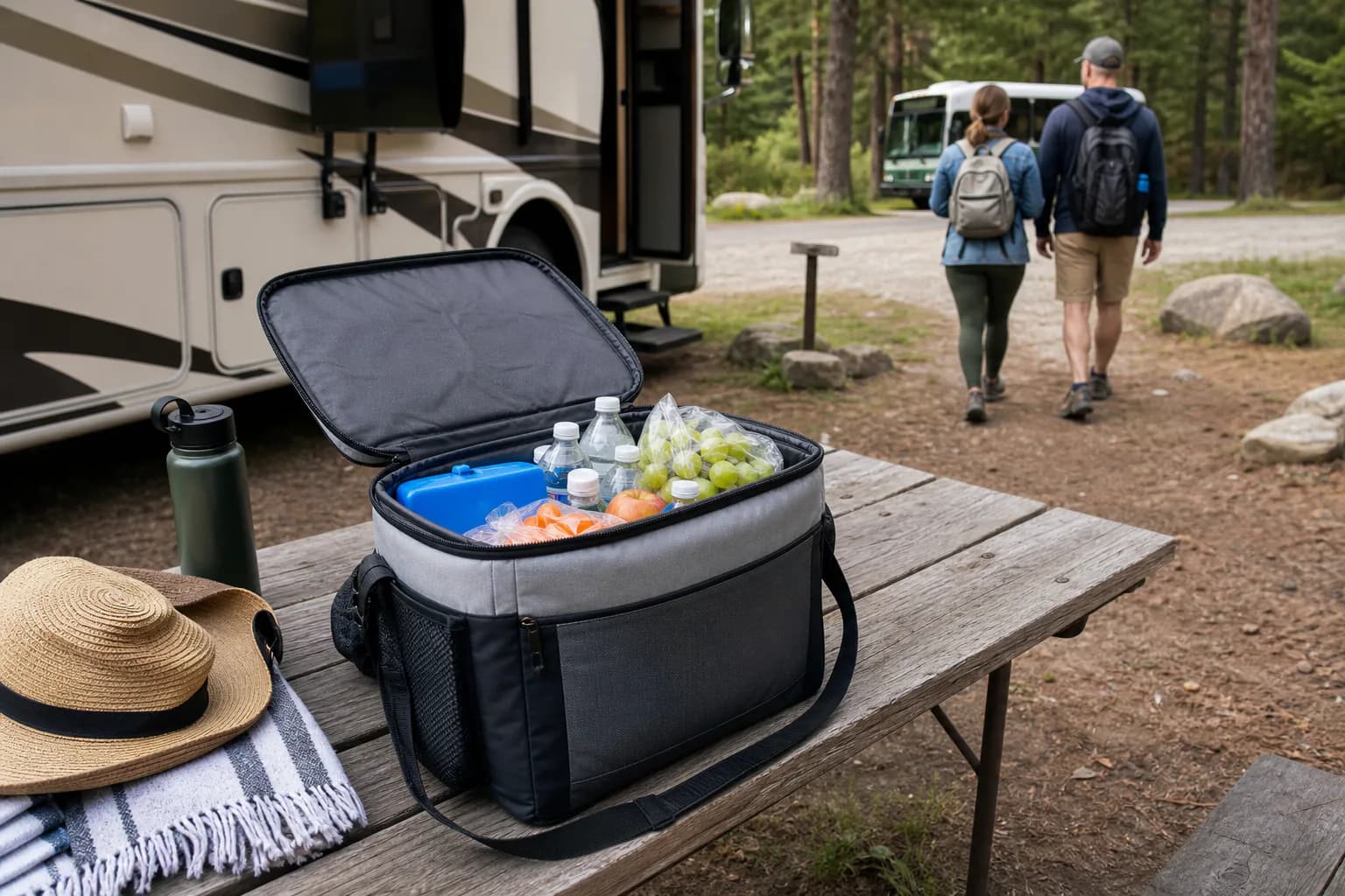 Soft cooler packed for an RV national park day trip