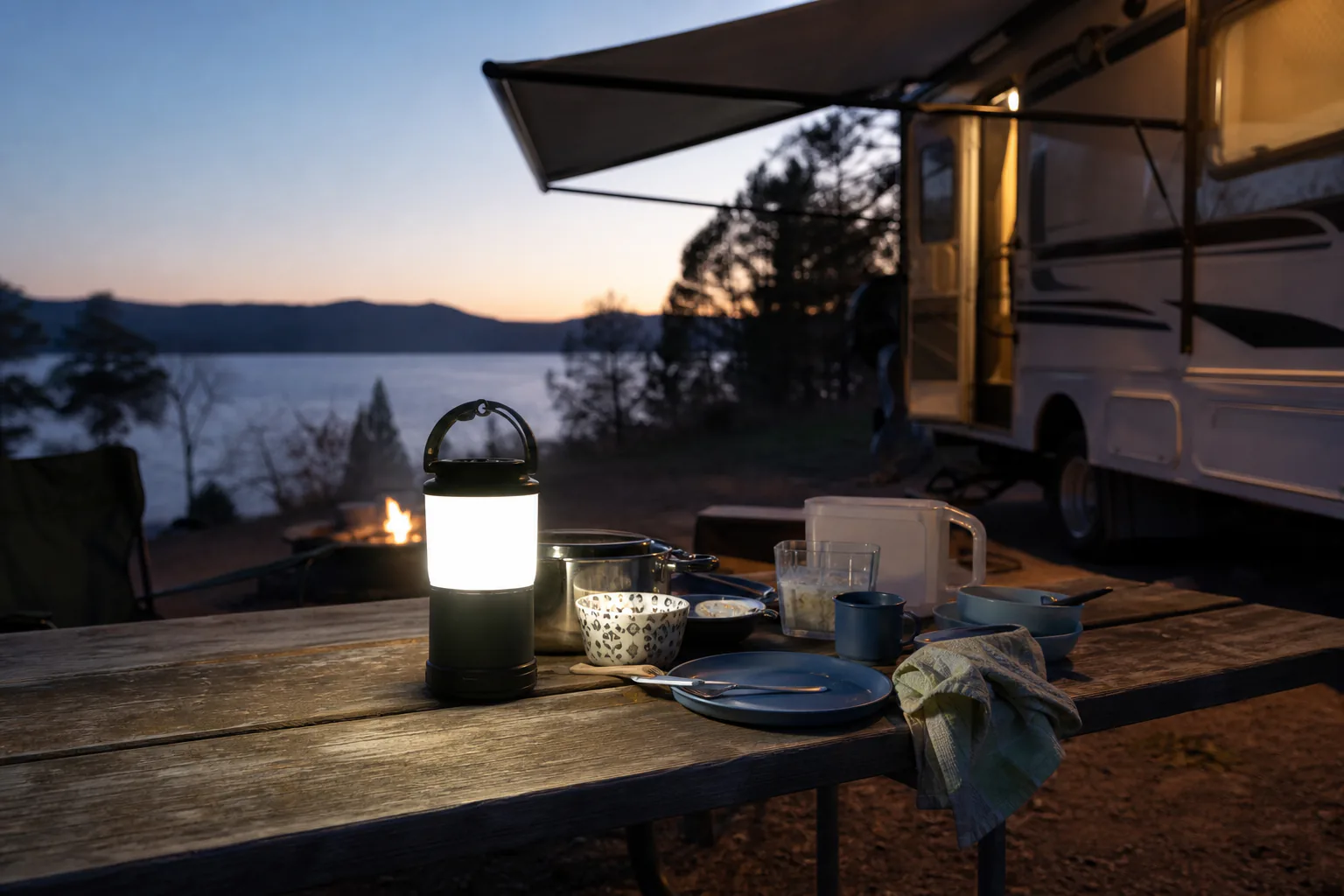 Portable solar lantern lighting an RV campsite picnic table