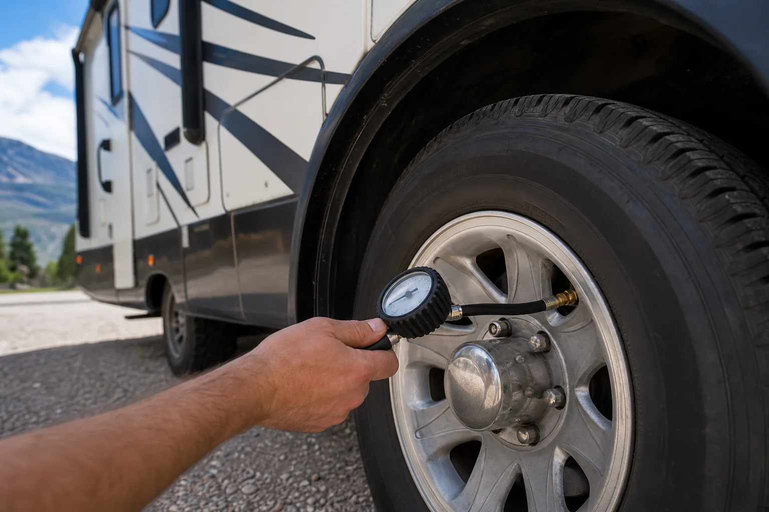 Tire pressure gauge beside an RV tire during rental handoff