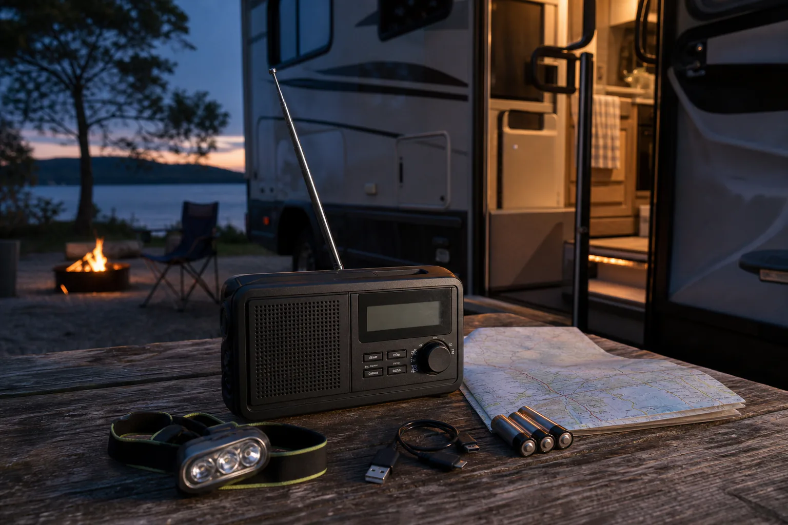 Brand-neutral portable weather radio beside a map, headlamp, and spare batteries at an RV campsite after sunset