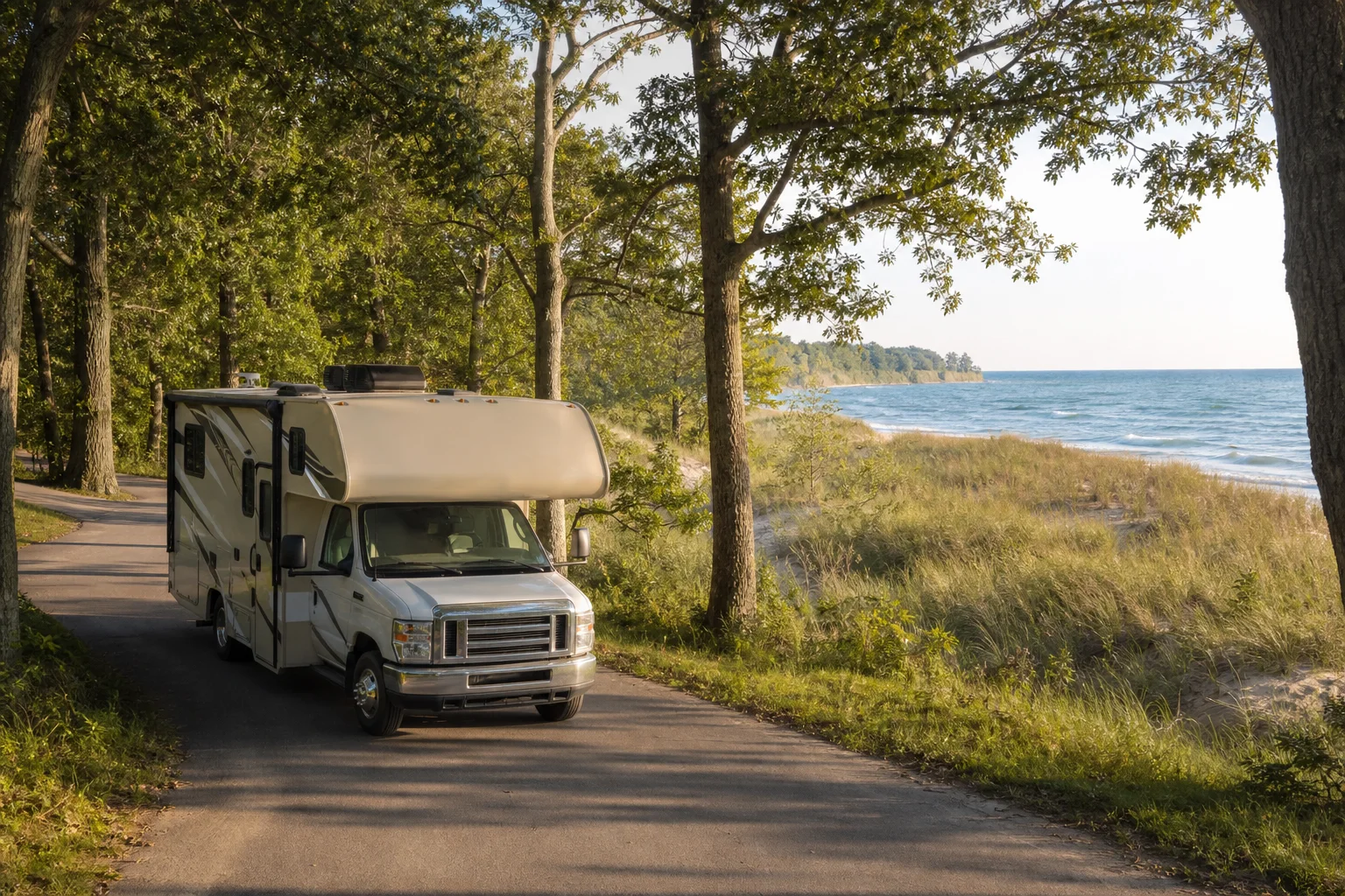 Class C RV traveling beside Great Lakes dunes and woodland
