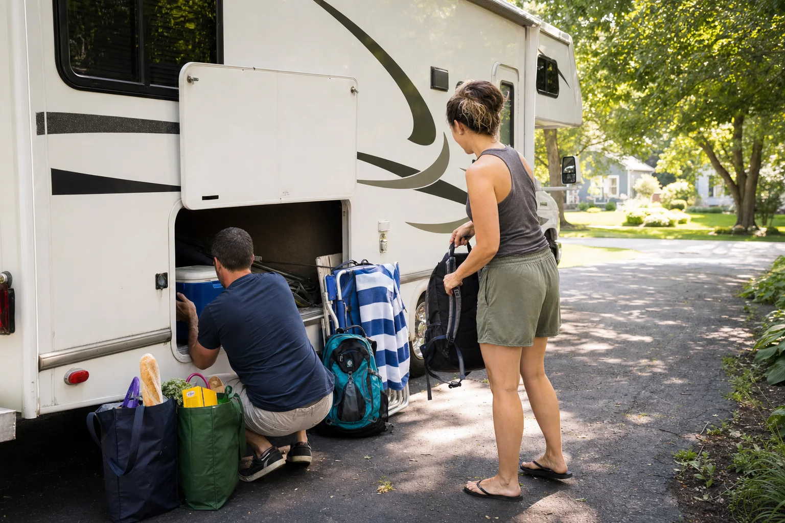 Travelers loading beach gear, groceries, and day packs into an RV near Chicago