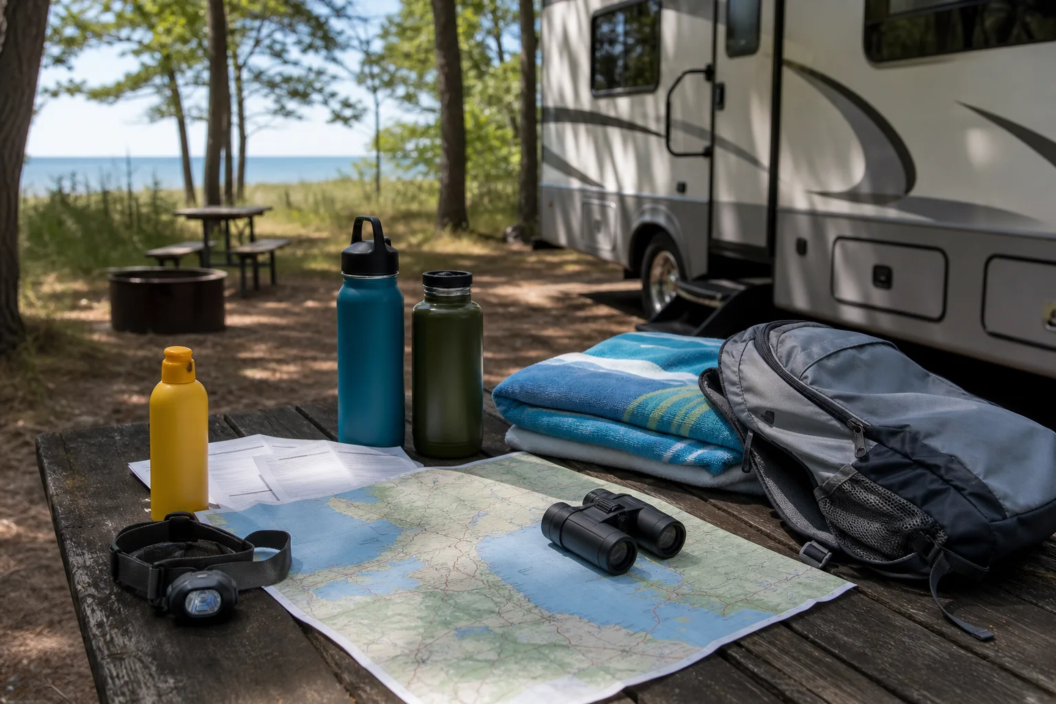 Beach-day and route-planning gear on a picnic table beside an RV near Lake Michigan