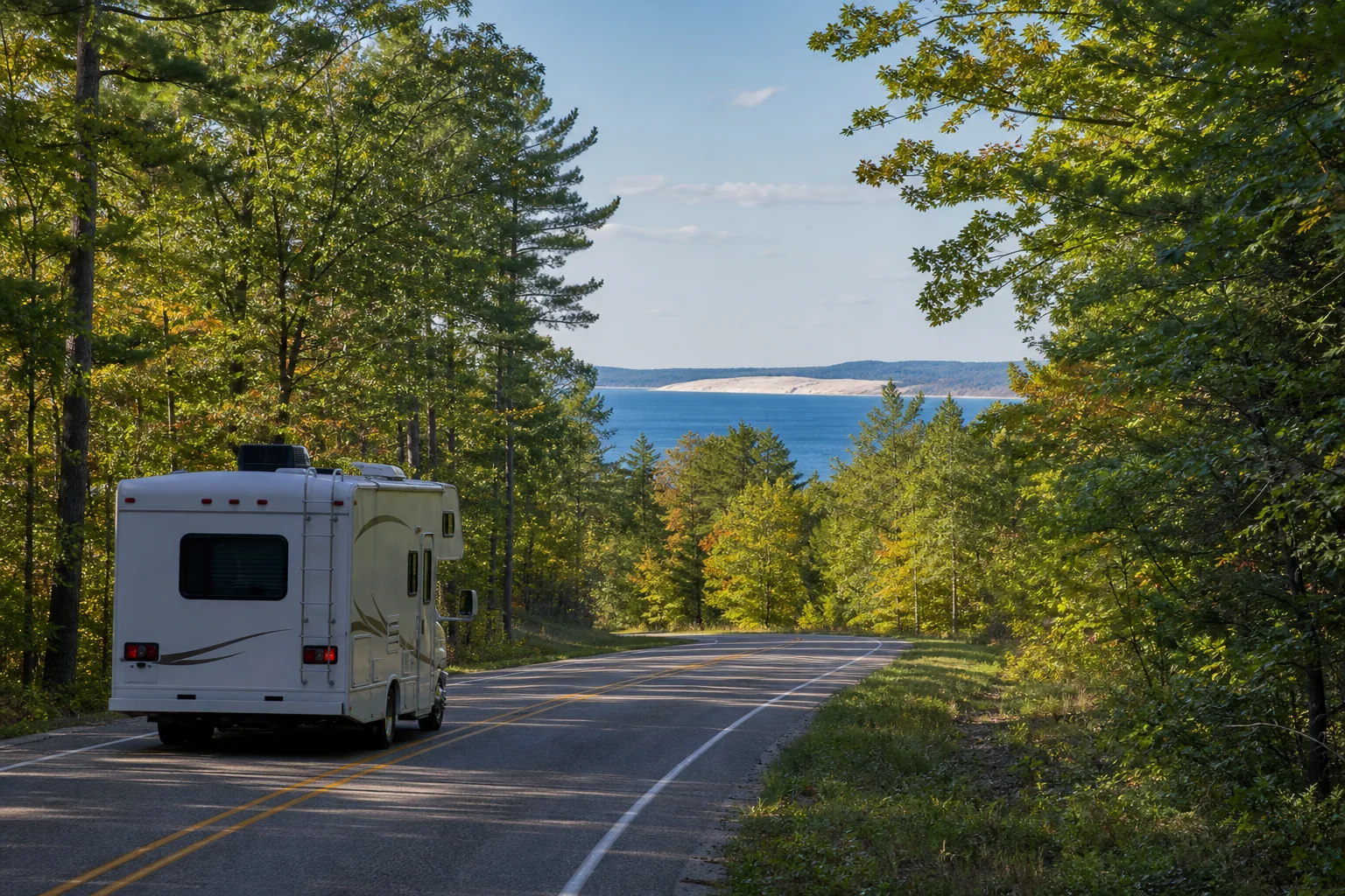 Class C RV driving through northern Michigan forest toward Lake Michigan dunes