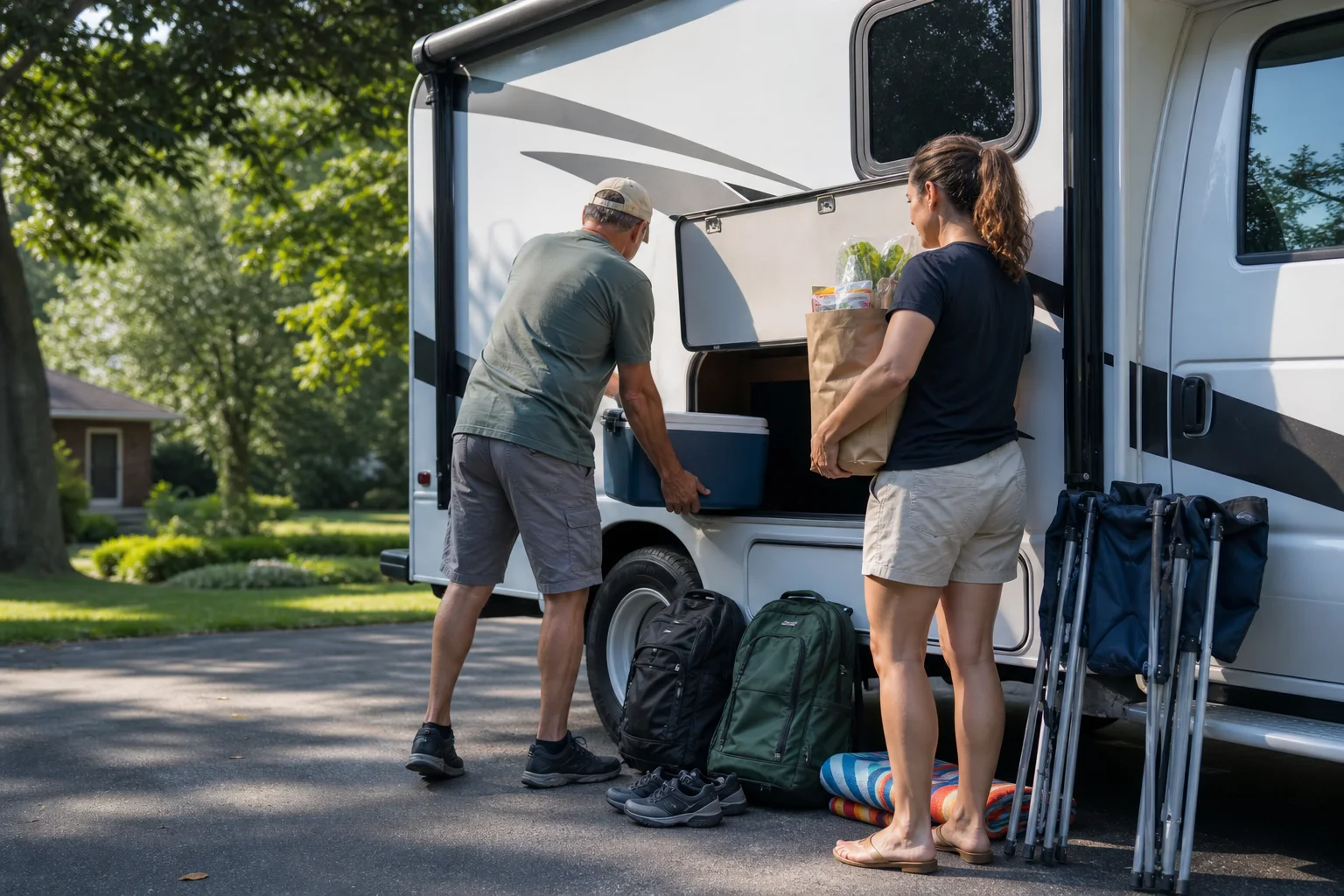 Travelers loading groceries, walking shoes, beach gear, and camp chairs into an RV near Detroit