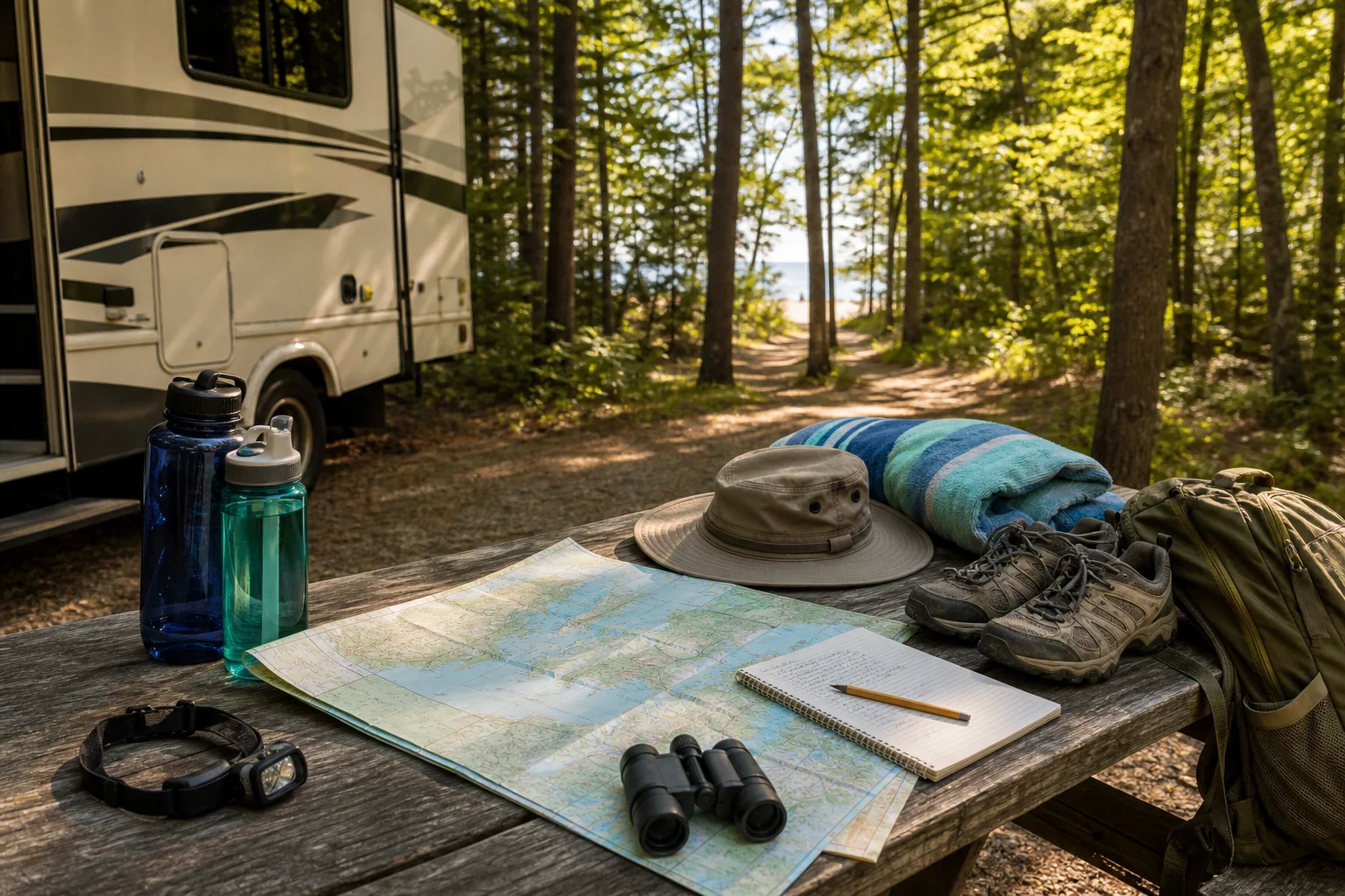 Dune-walk and beach-day gear arranged at a northern Michigan RV campground