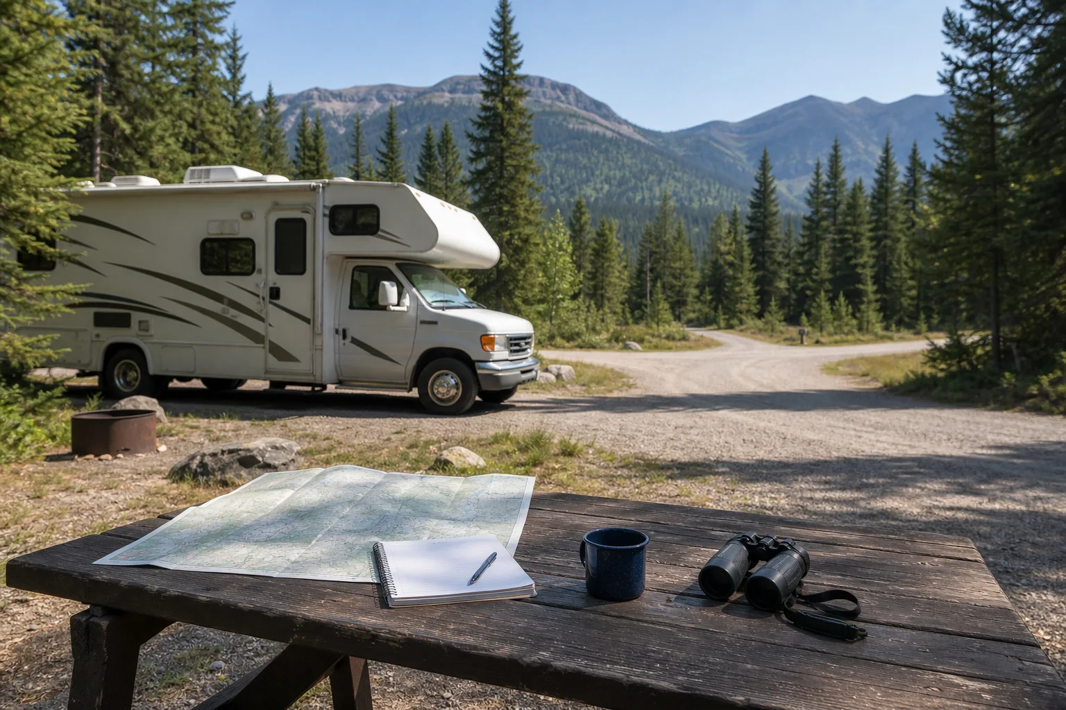 RV at a northwest Montana gateway campground with route-planning materials on a picnic table