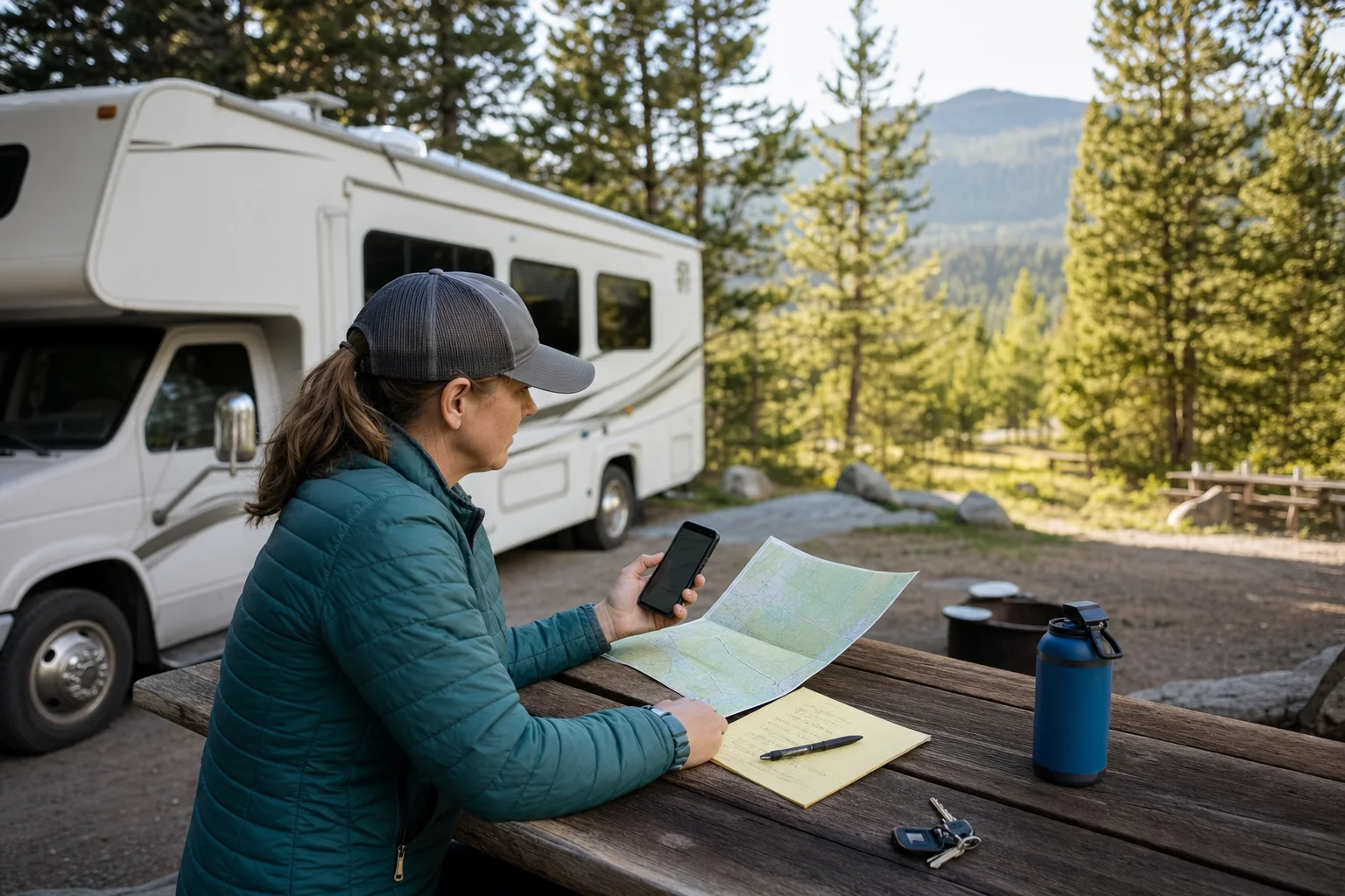 RV traveler comparing a phone, paper map, and route checklist at a Montana campground