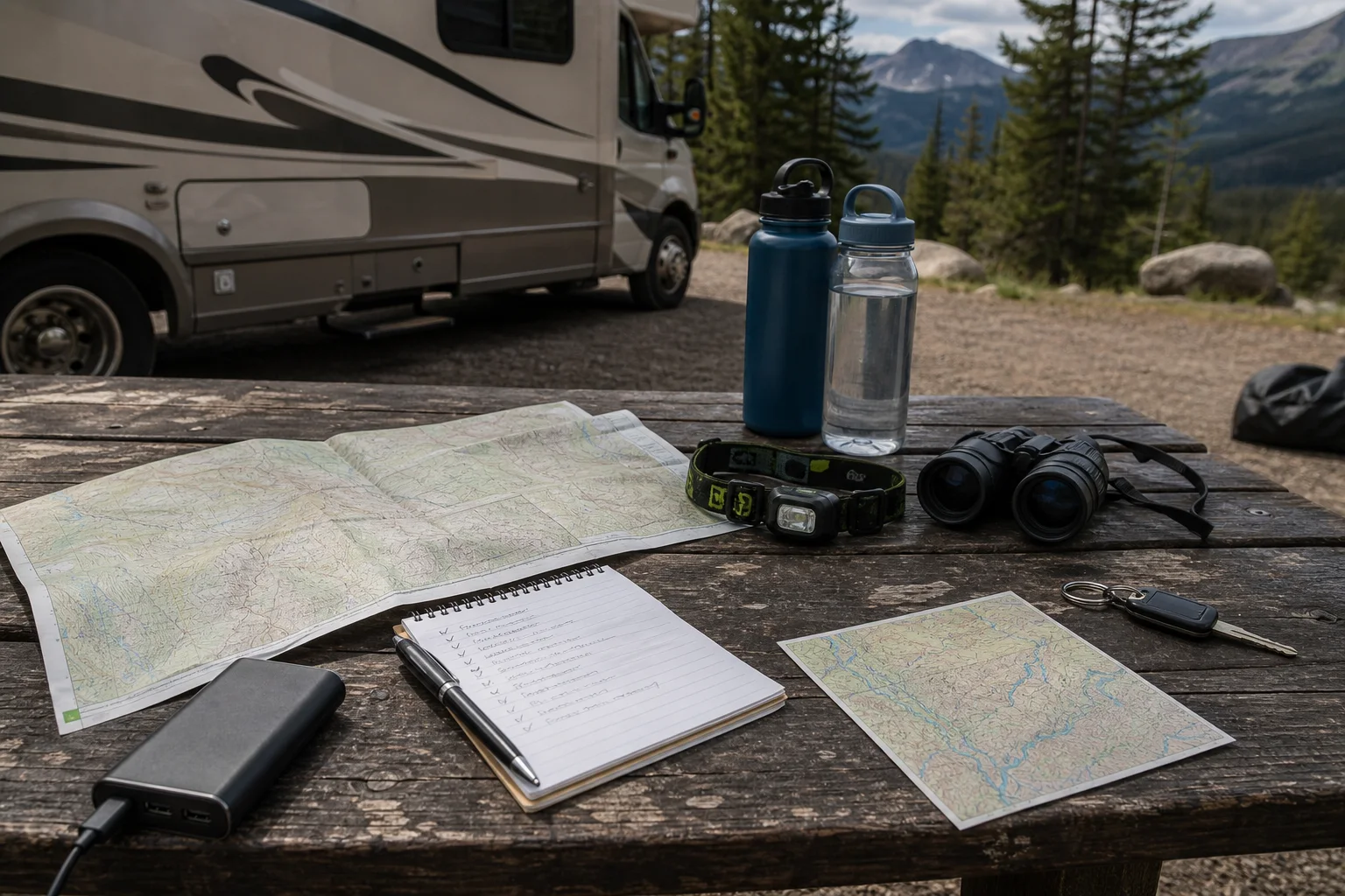 Route map, checklist, backup power, water, and day gear prepared beside an RV in Montana