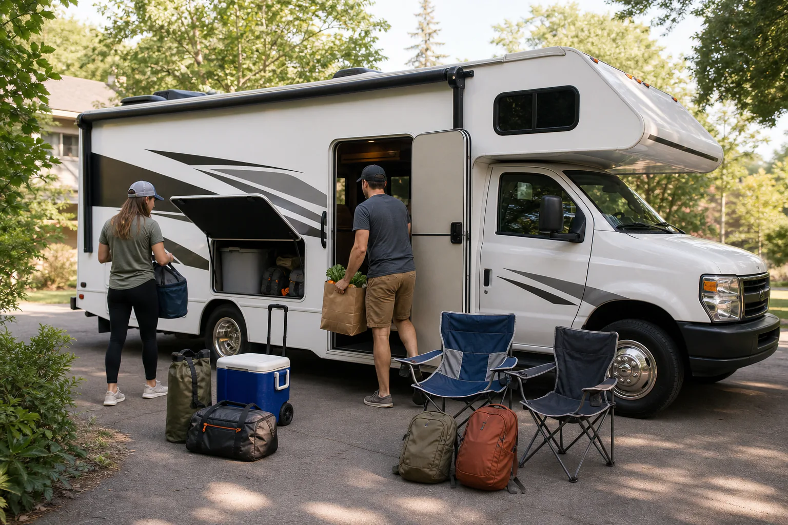 Travelers loading groceries, day packs, a cooler, and camp chairs into an RV before the drive north