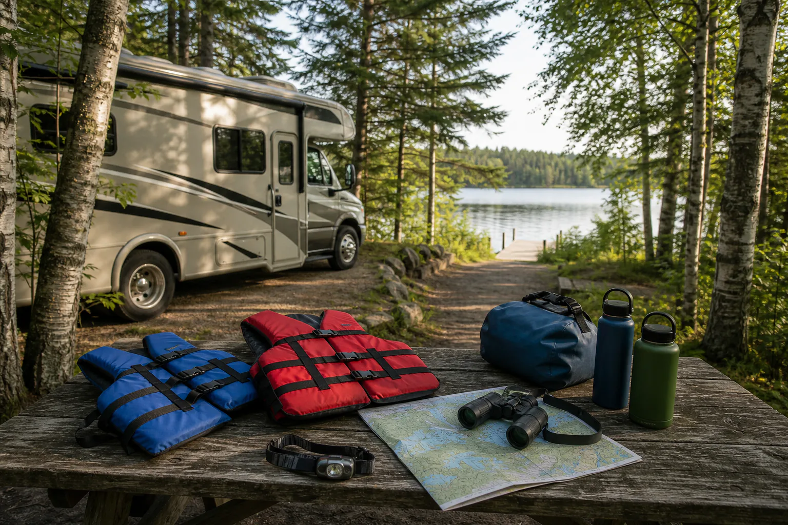 Life jackets, dry bag, map, binoculars, and headlamp prepared beside an RV at a northern Minnesota lake