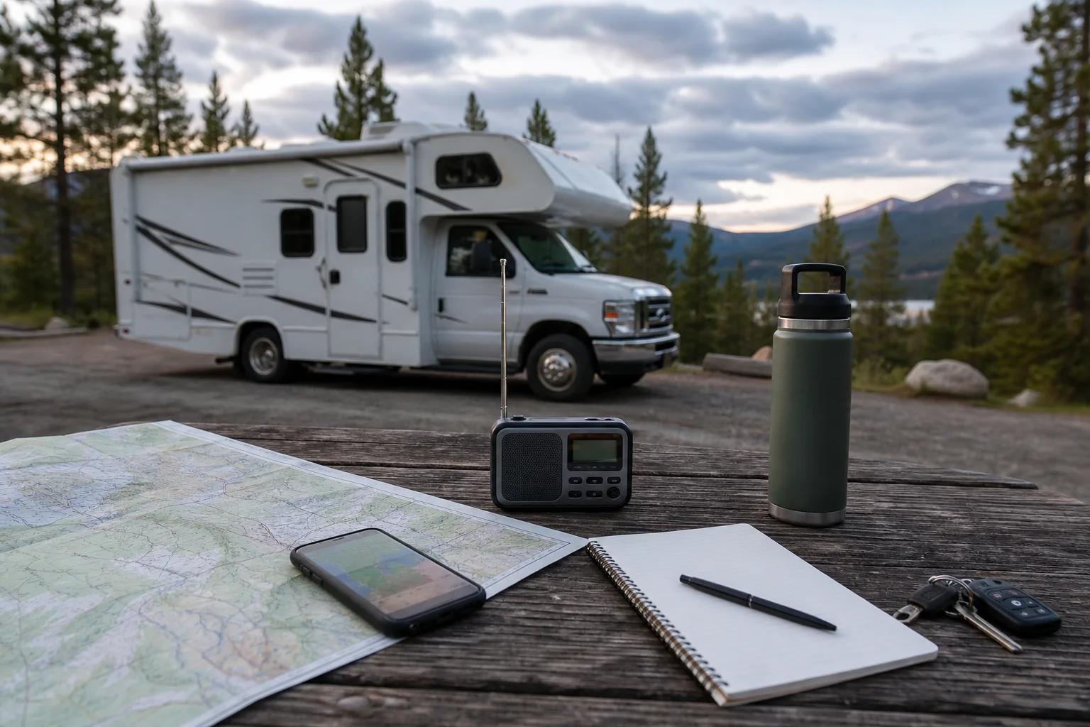 RV trip weather radio, route map, phone, and checklist prepared before departure