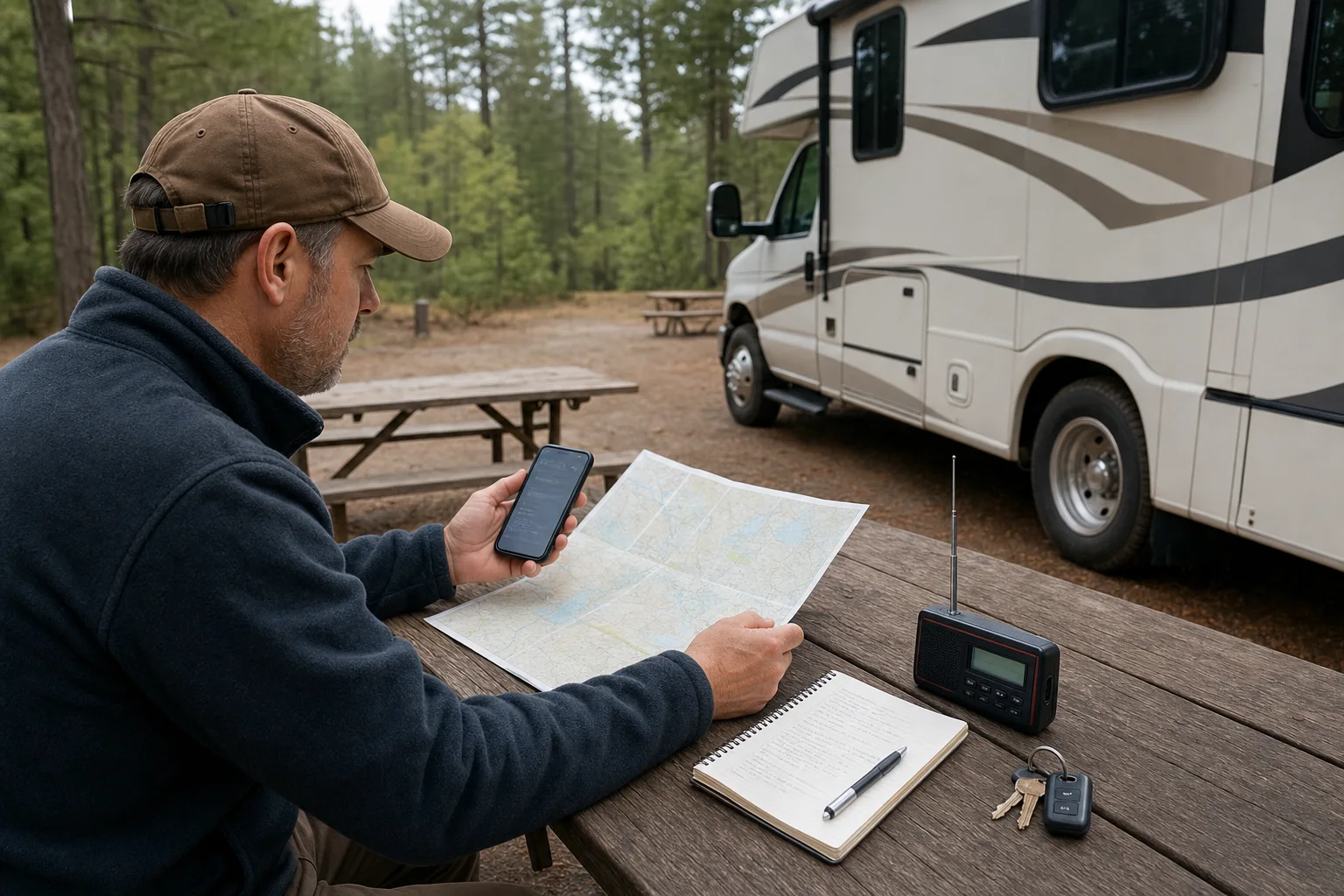 RV traveler comparing a phone, paper route map, weather radio, and departure checklist
