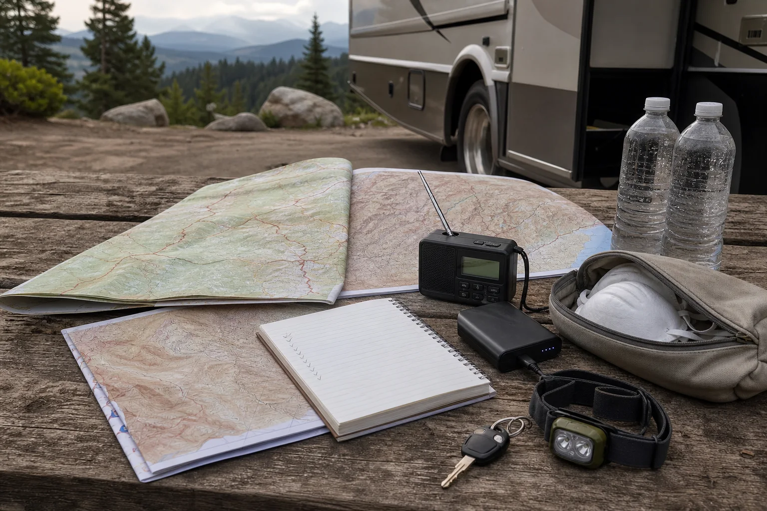 Backup route maps, weather radio, power bank, water, masks, and headlamp beside an RV